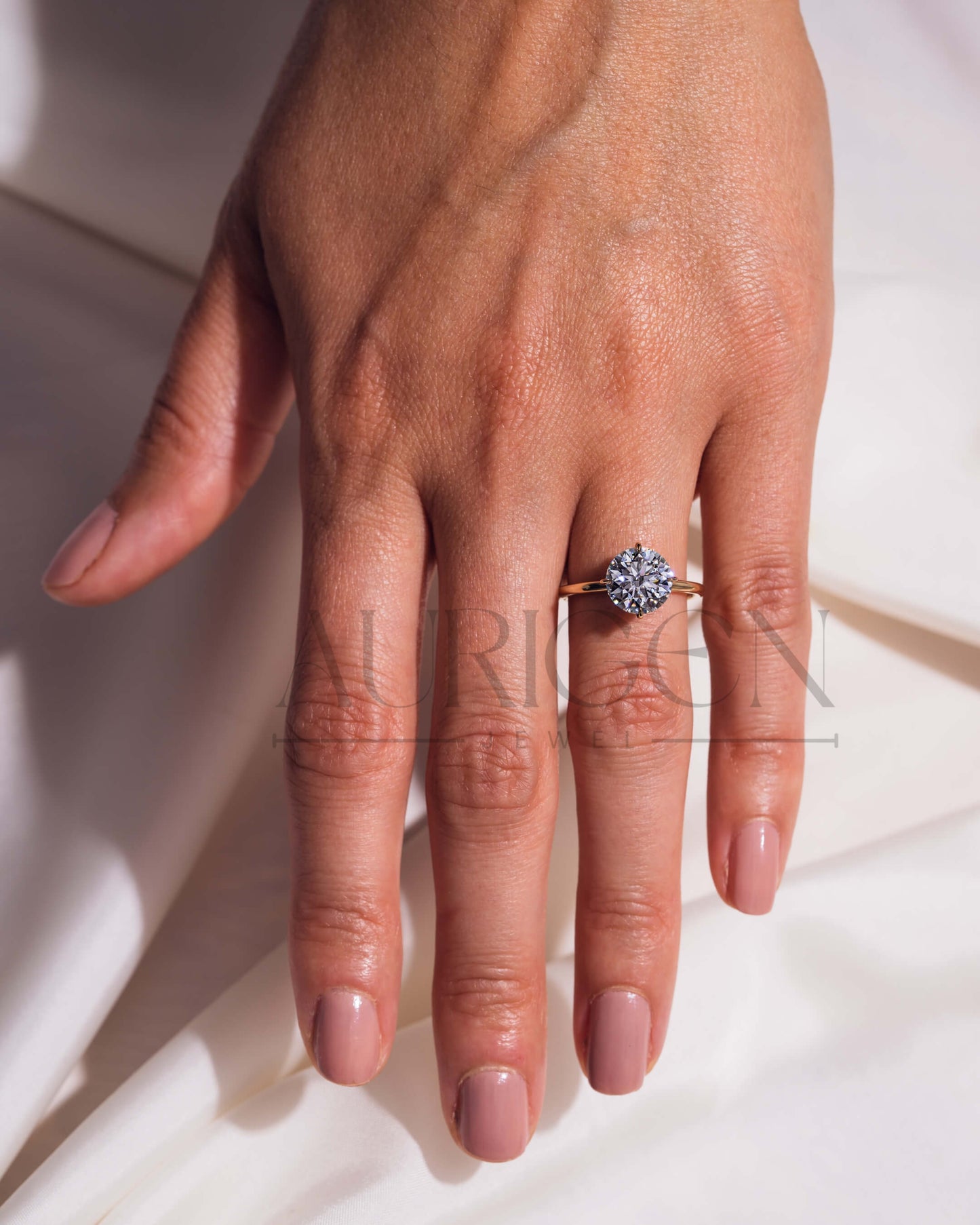 North-South-East-West Prong Round Moissanite and Leb Grown Diamond 14K Solid Gold Ring