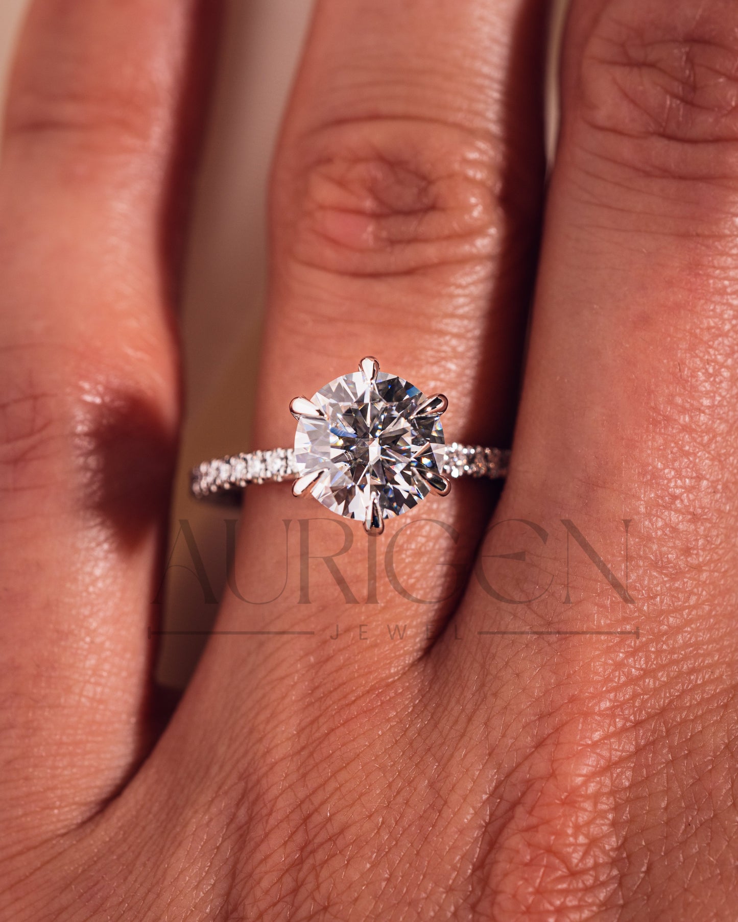 Round 6-Prong Moissanite & Leb Grown Engagement Ring with Pave Band in 14k White Gold