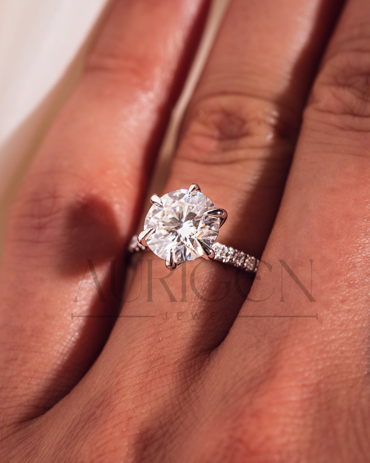Round 6-Prong Moissanite & Leb Grown Engagement Ring with Pave Band in 14k White Gold