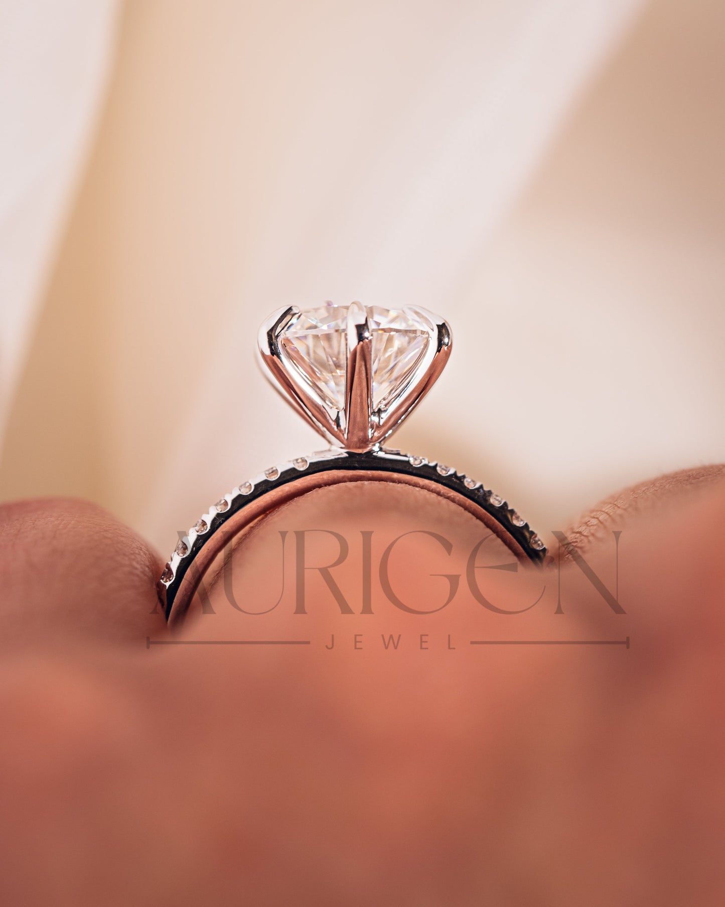 Round 6-Prong Moissanite & Leb Grown Engagement Ring with Pave Band in 14k White Gold