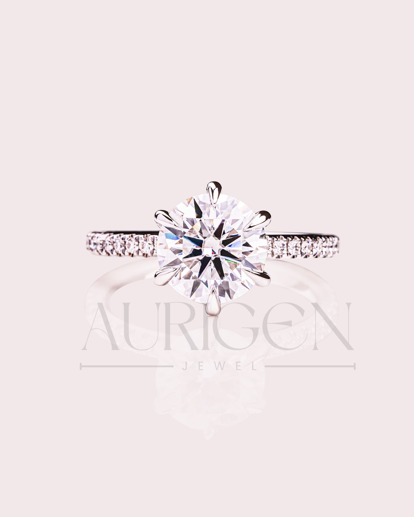 Round 6-Prong Moissanite & Leb Grown Engagement Ring with Pave Band in 14k White Gold