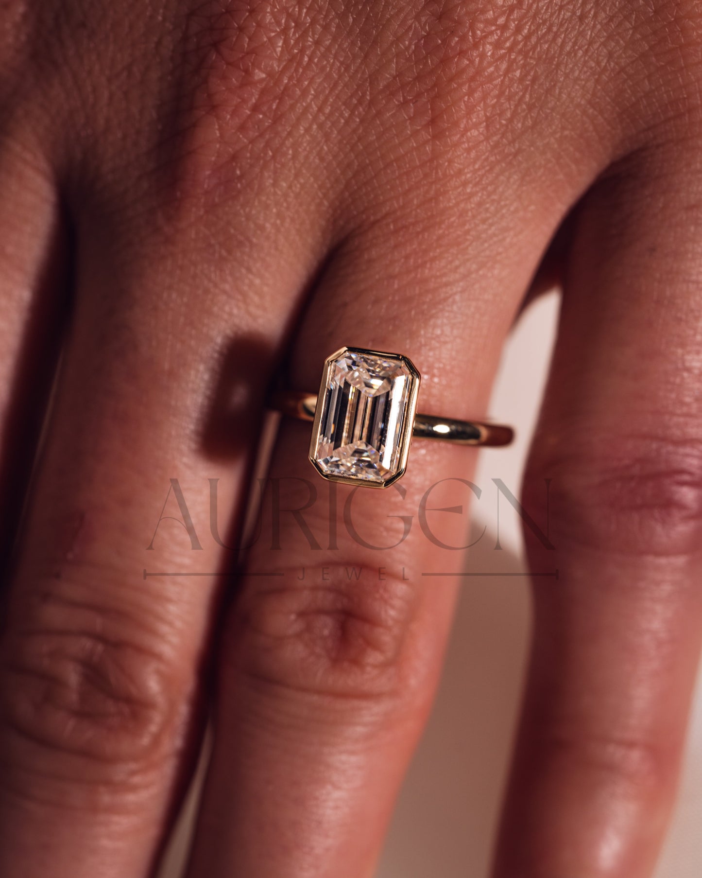 Modern Emerald Cut Moissanite and Lab Grown Diamond Bezel Set Ring