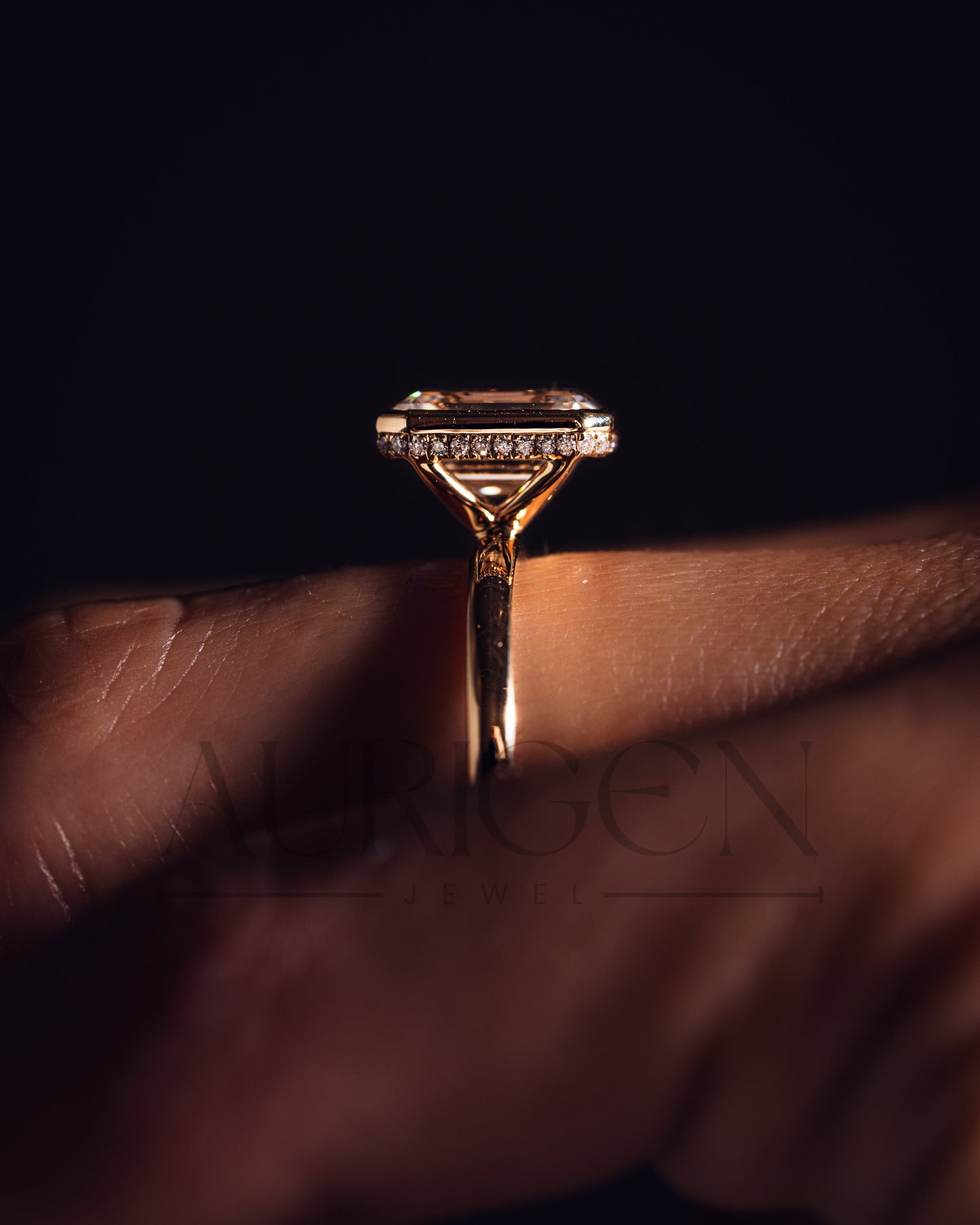 Modern Emerald Cut Moissanite and Lab Grown Diamond Bezel Set Ring