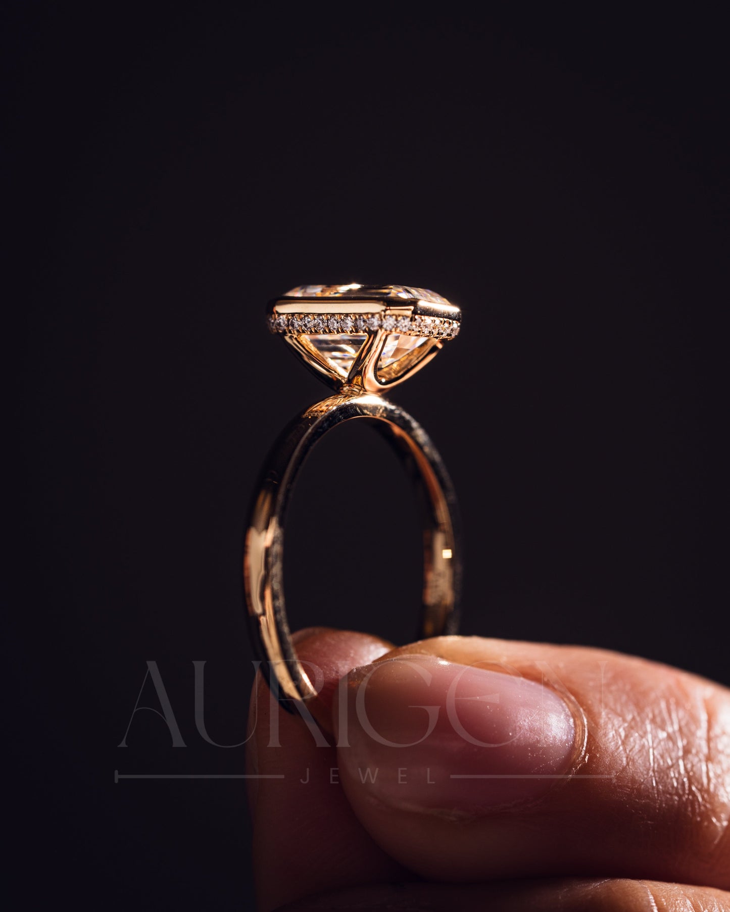 Modern Emerald Cut Moissanite and Lab Grown Diamond Bezel Set Ring