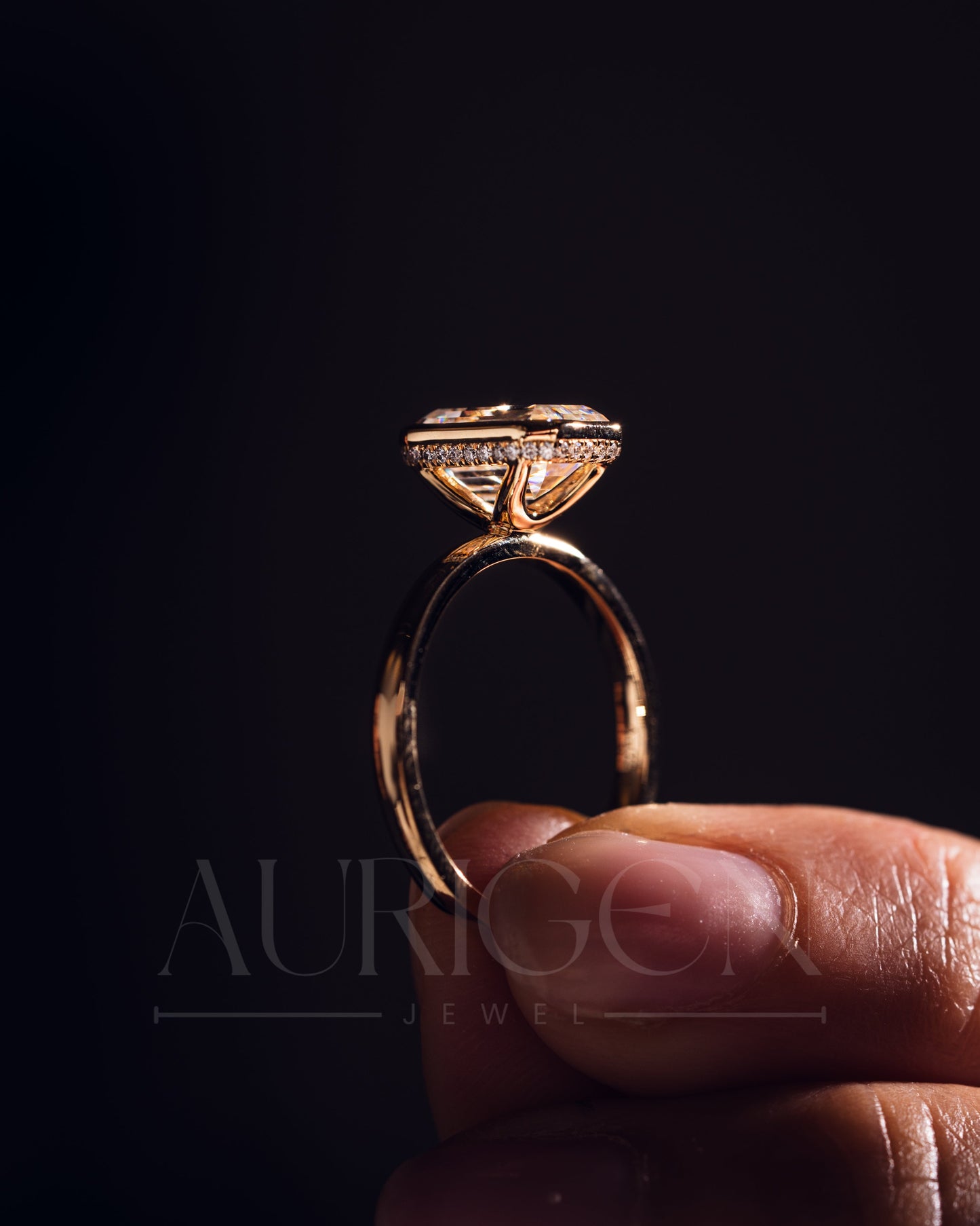 Modern Emerald Cut Moissanite and Lab Grown Diamond Bezel Set Ring