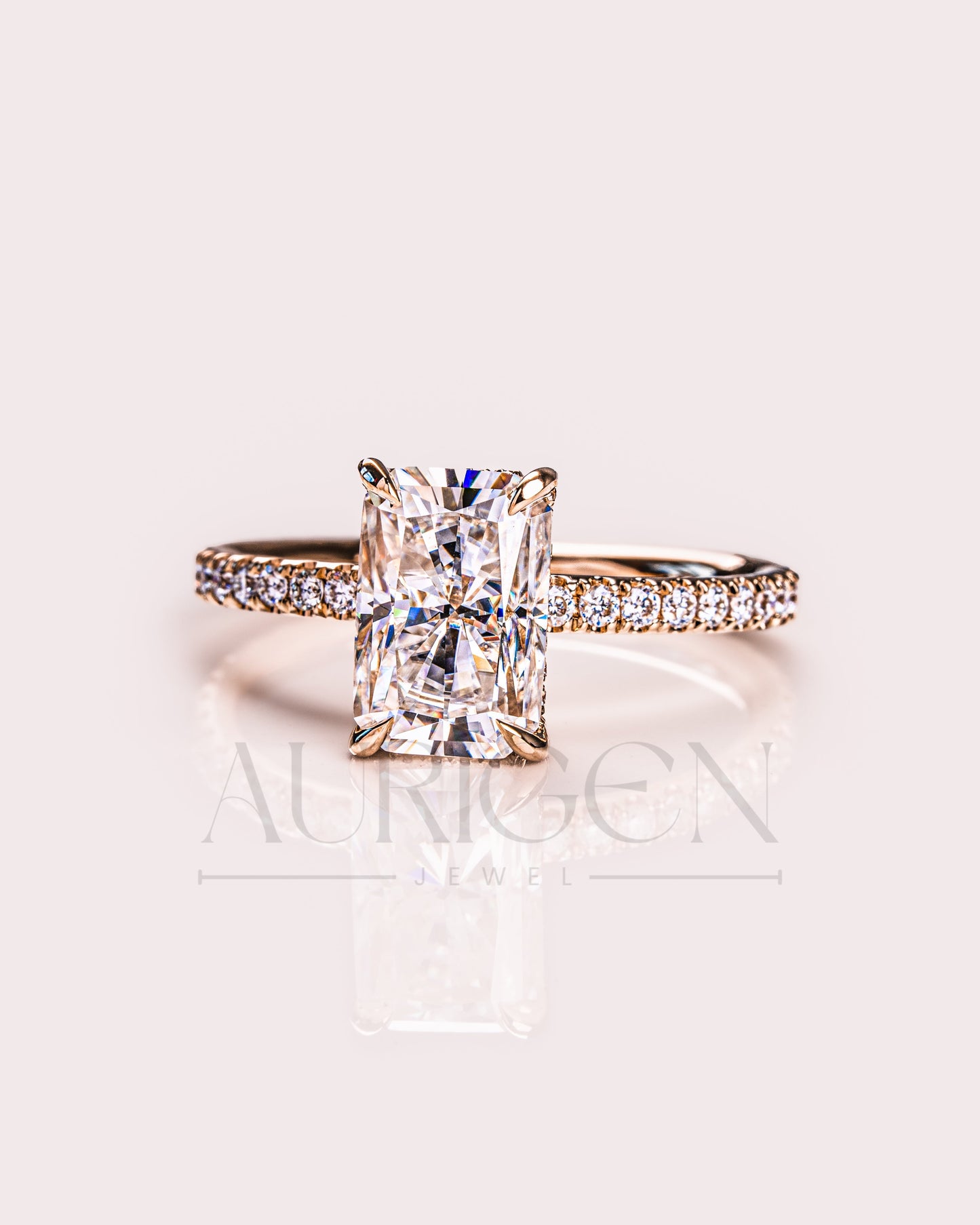 Radiant Cut Moissanite Engagement Ring with Hidden Halo & Pave Band in 14k Rose Gold