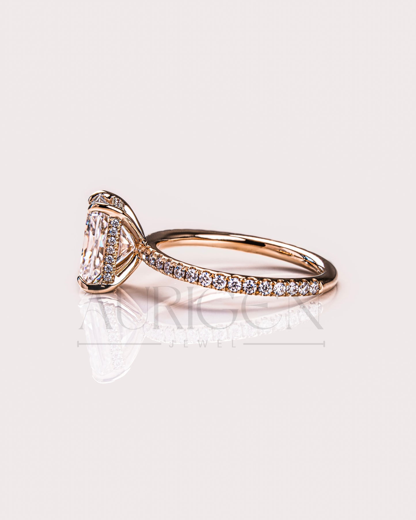 Radiant Cut Moissanite Engagement Ring with Hidden Halo & Pave Band in 14k Rose Gold
