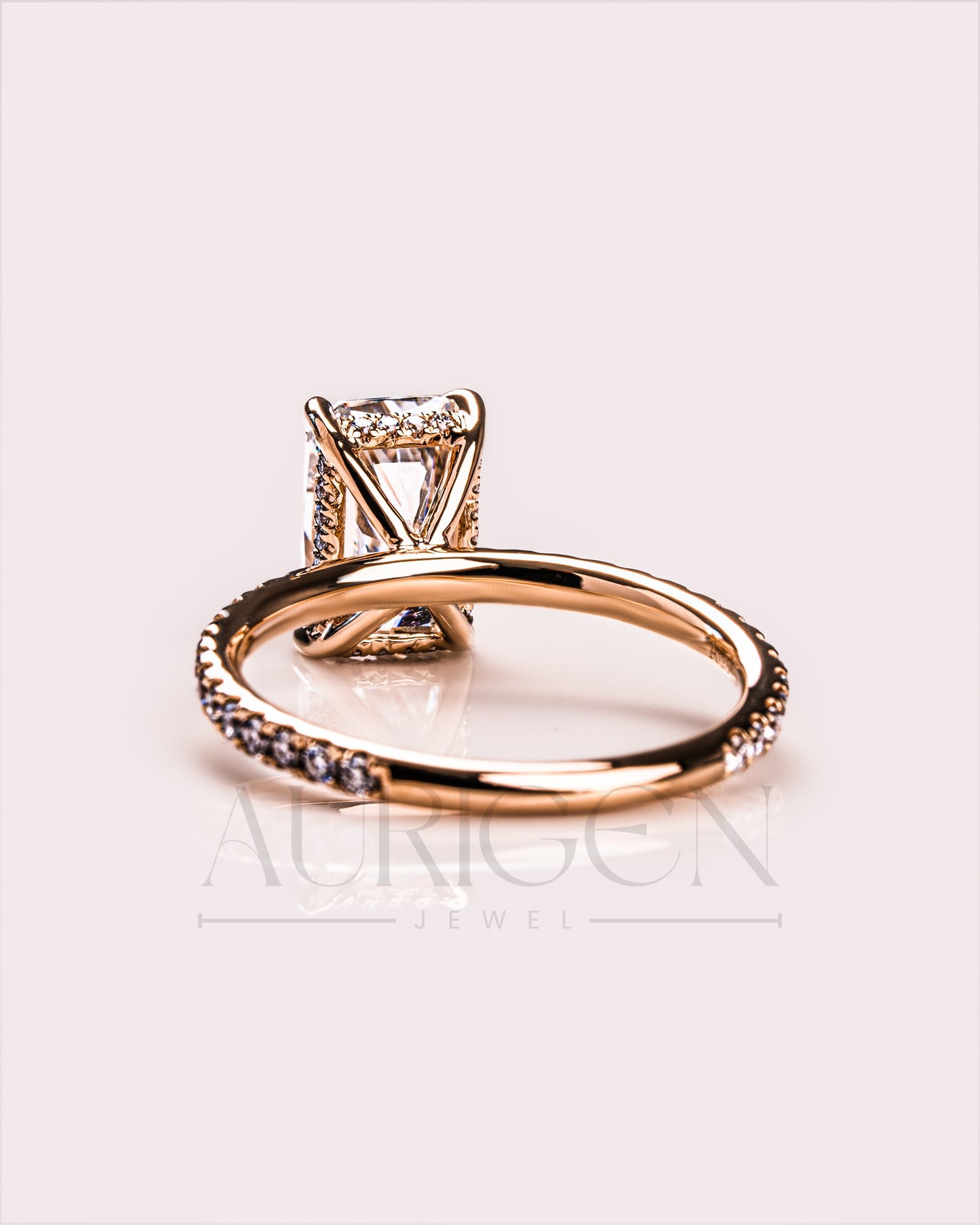 Radiant Cut Moissanite Engagement Ring with Hidden Halo & Pave Band in 14k Rose Gold
