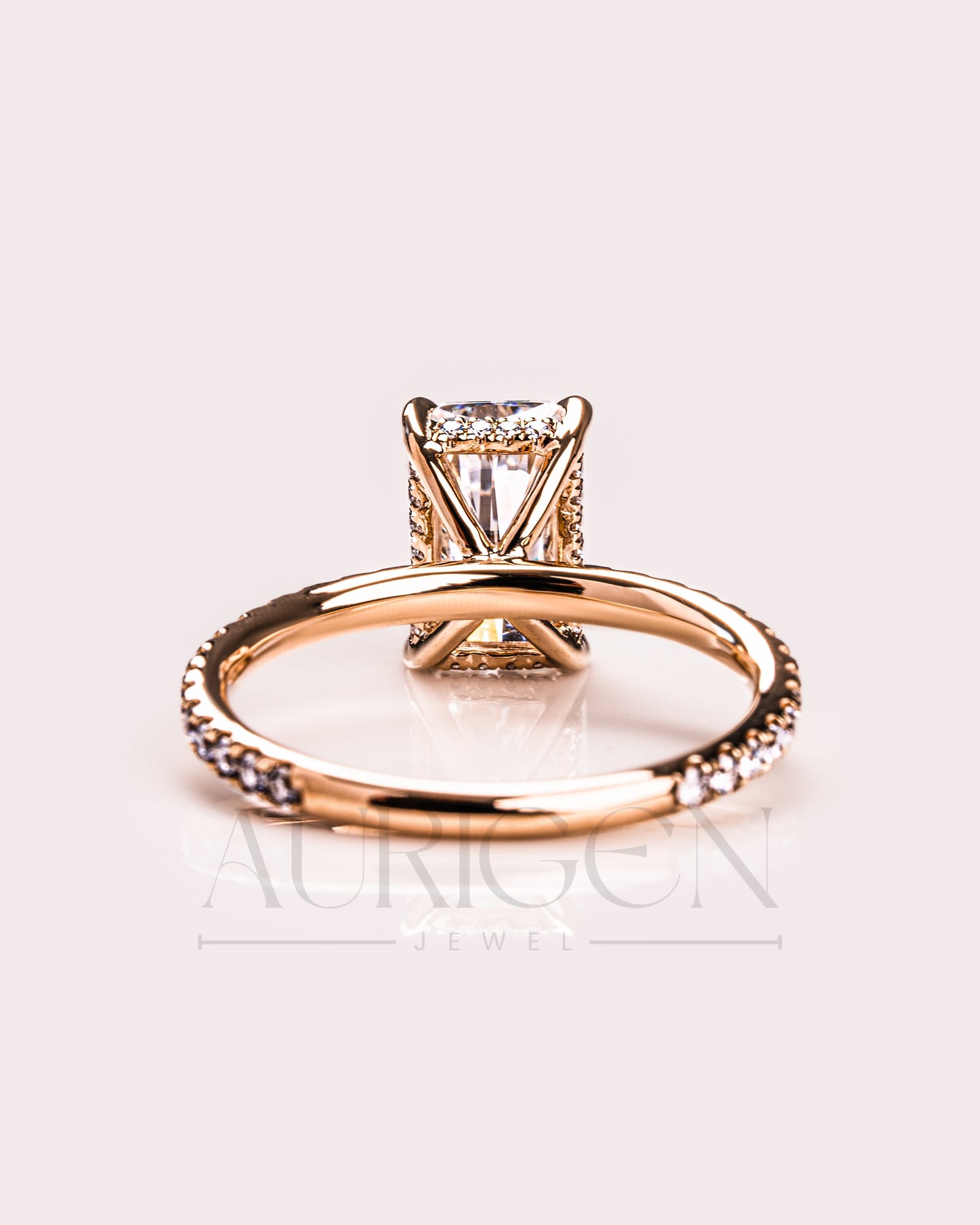 Radiant Cut Moissanite Engagement Ring with Hidden Halo & Pave Band in 14k Rose Gold