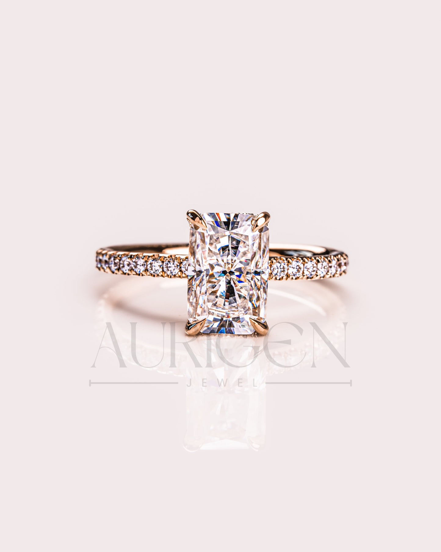 Radiant Cut Moissanite Engagement Ring with Hidden Halo & Pave Band in 14k Rose Gold