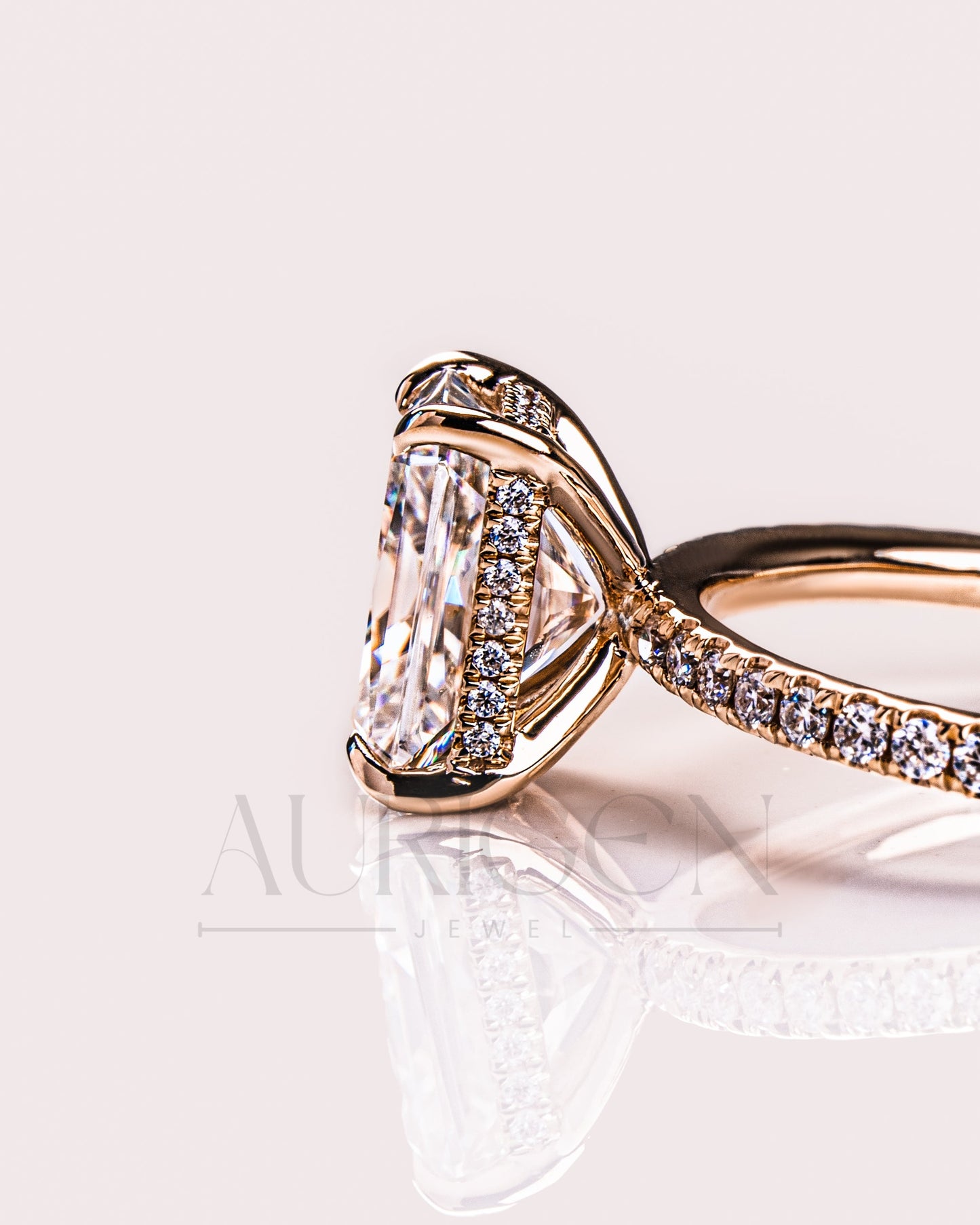 Radiant Cut Moissanite Engagement Ring with Hidden Halo & Pave Band in 14k Rose Gold