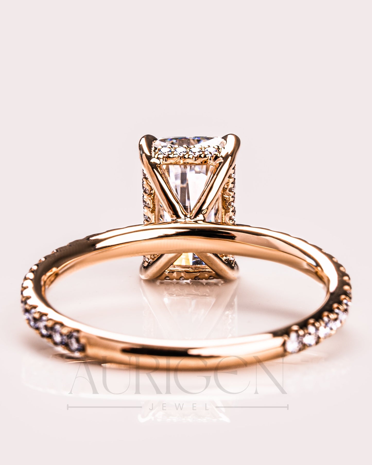 Radiant Cut Moissanite Engagement Ring with Hidden Halo & Pave Band in 14k Rose Gold