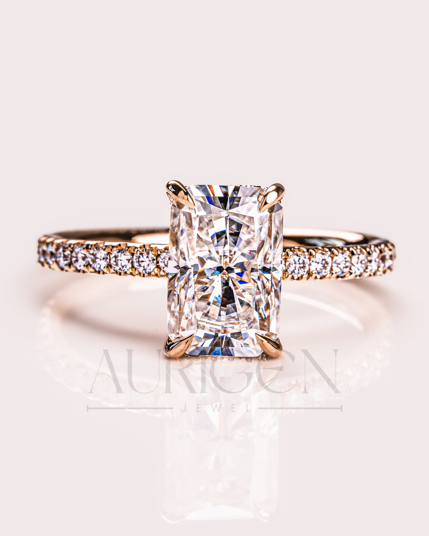 Radiant Cut Moissanite Engagement Ring with Hidden Halo & Pave Band in 14k Rose Gold