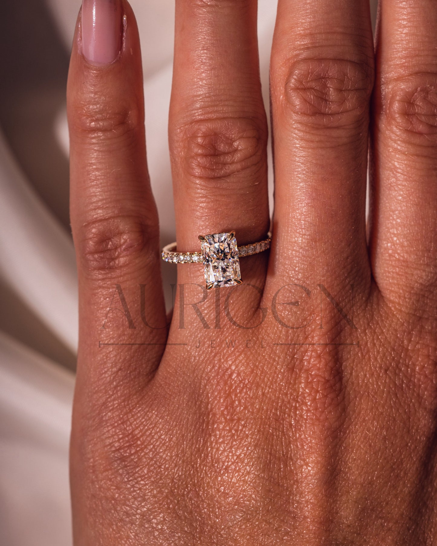Radiant Cut Moissanite Engagement Ring with Hidden Halo & Pave Band in 14k Rose Gold
