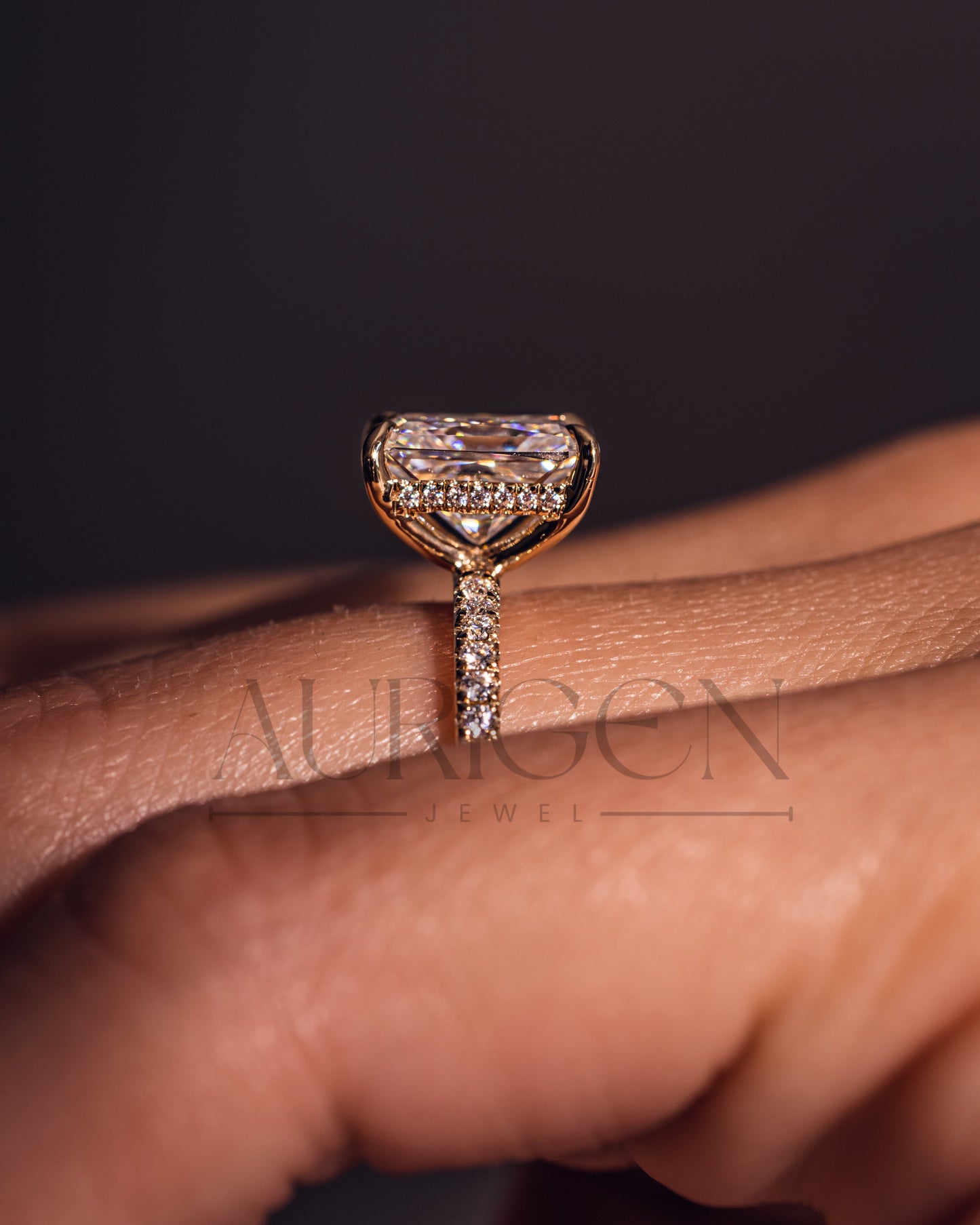 Radiant Cut Moissanite Engagement Ring with Hidden Halo & Pave Band in 14k Rose Gold