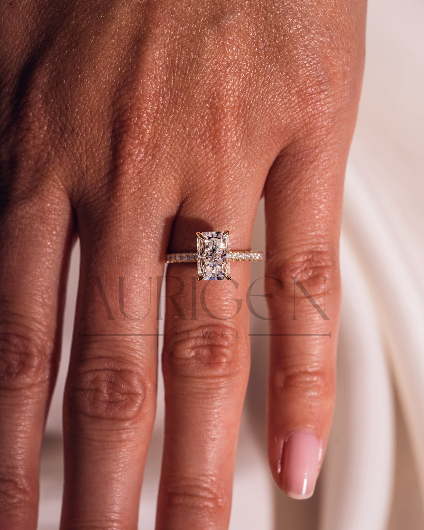 Radiant Cut Moissanite Engagement Ring with Hidden Halo & Pave Band in 14k Rose Gold