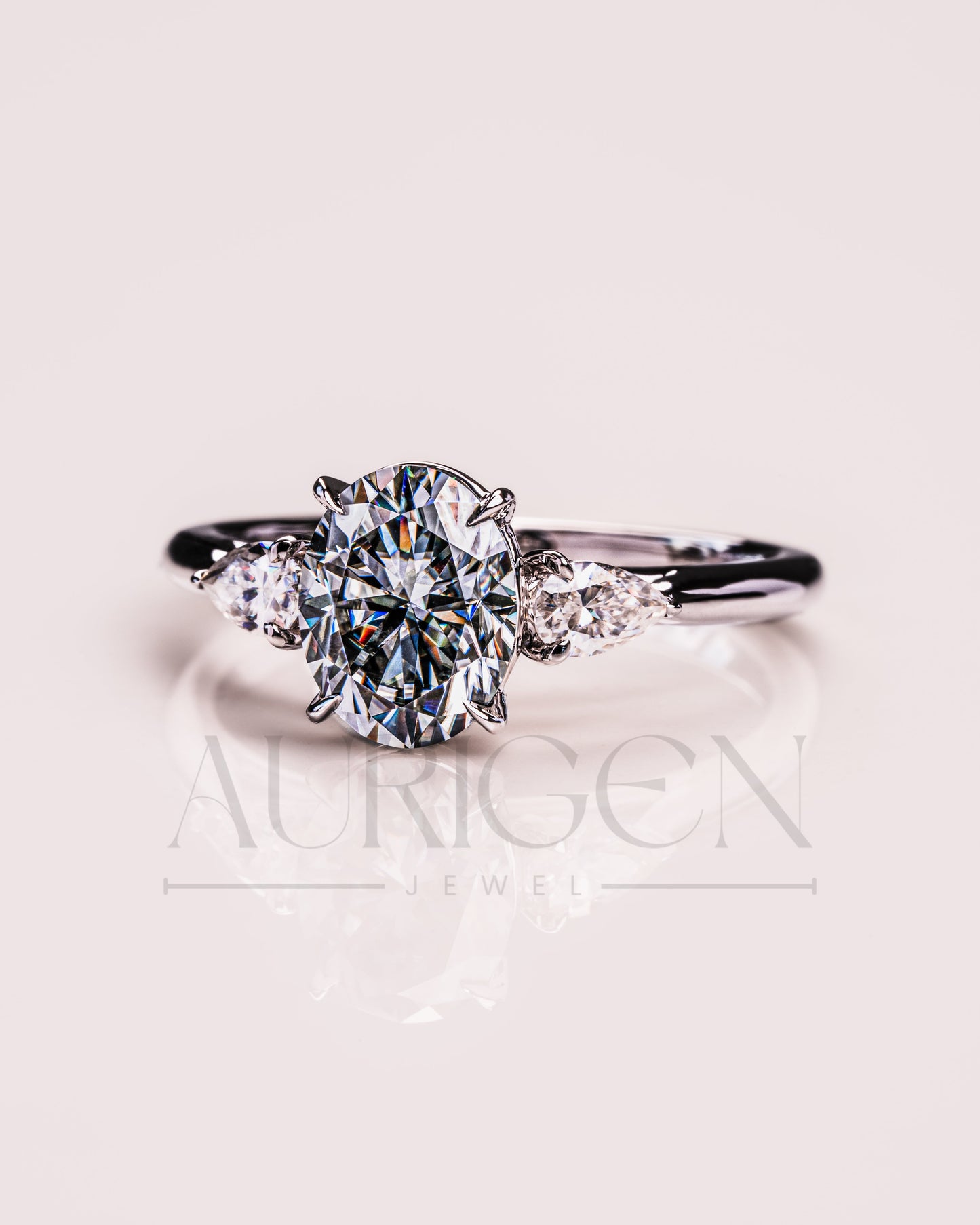 Oval & Pear Cut Moissanite and Leb Grown Three-Stone Ring in 14k White Gold