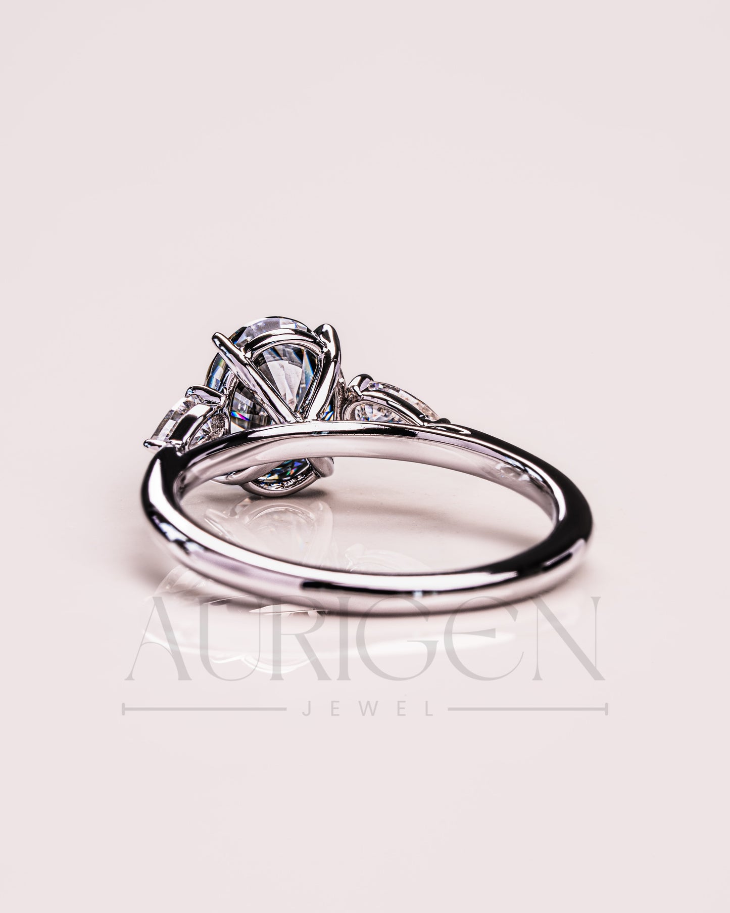 Oval & Pear Cut Moissanite and Leb Grown Three-Stone Ring in 14k White Gold