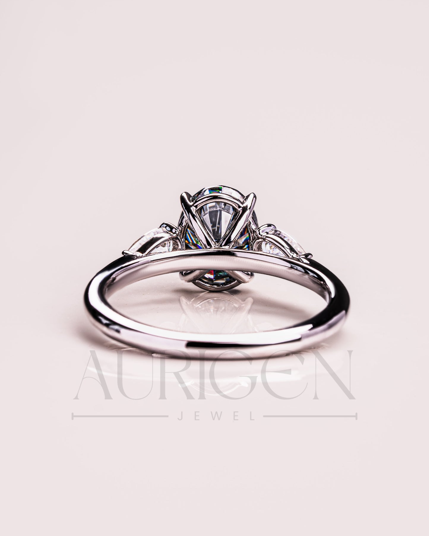 Oval & Pear Cut Moissanite and Leb Grown Three-Stone Ring in 14k White Gold