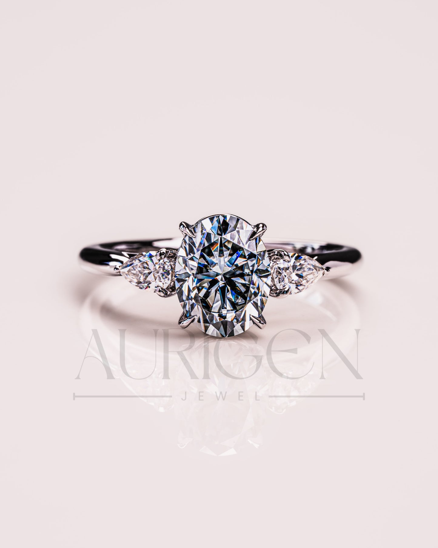 Oval & Pear Cut Moissanite and Leb Grown Three-Stone Ring in 14k White Gold