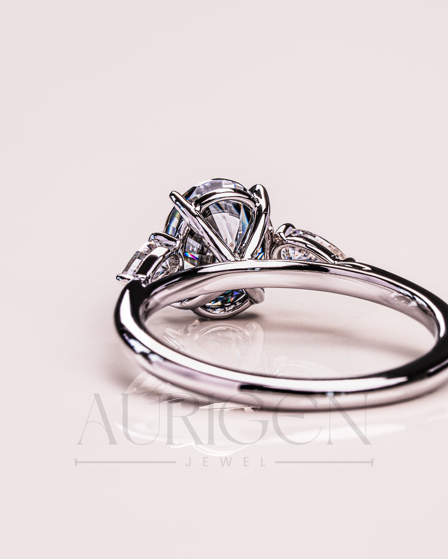 Oval & Pear Cut Moissanite and Leb Grown Three-Stone Ring in 14k White Gold