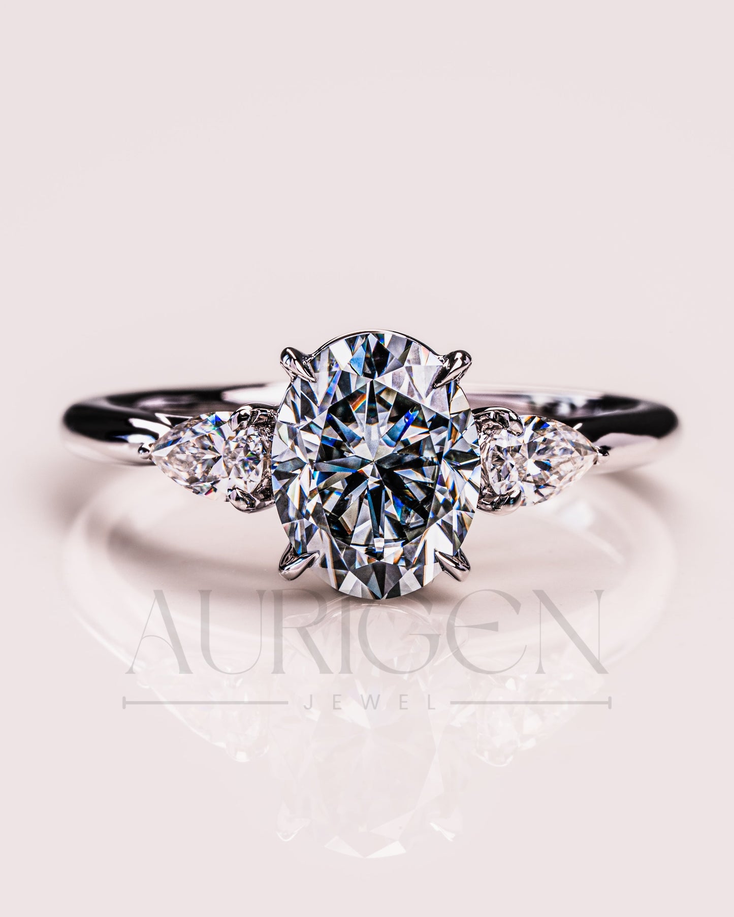 Oval & Pear Cut Moissanite and Leb Grown Three-Stone Ring in 14k White Gold