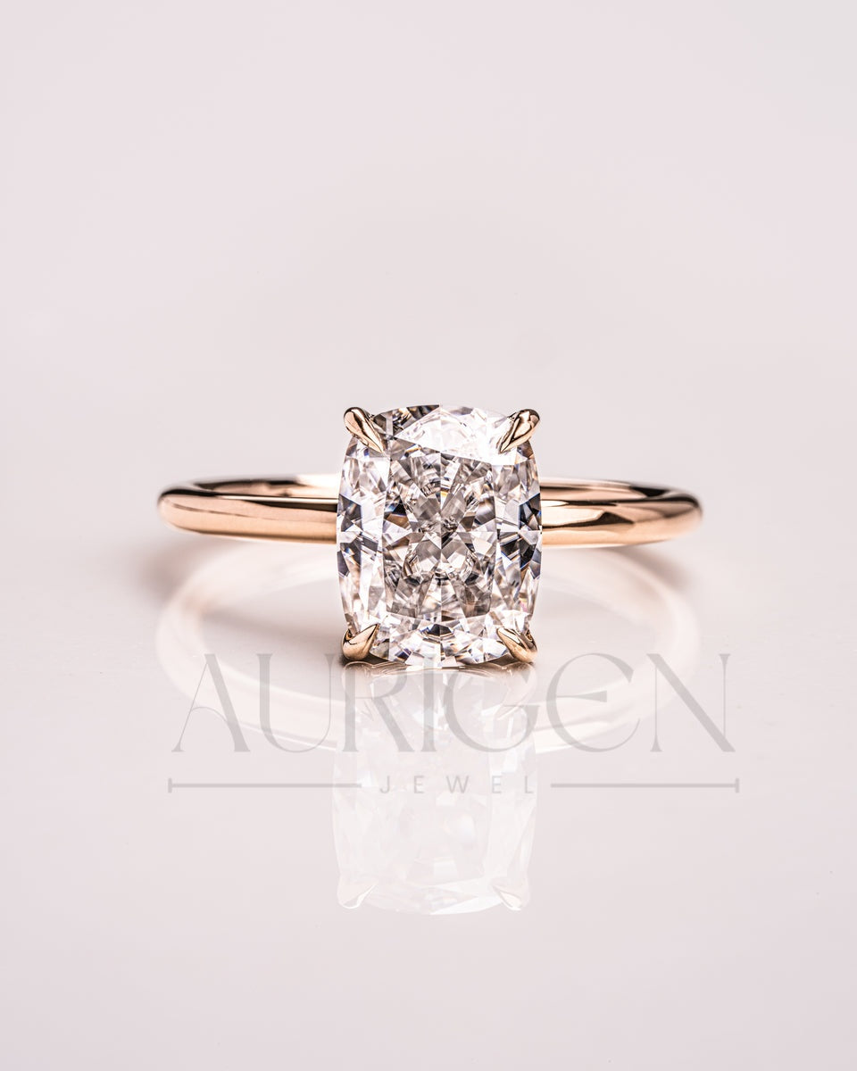 Cushion Cut Moissanite & Leb Grown Engagement Ring in 14k Solid Gold