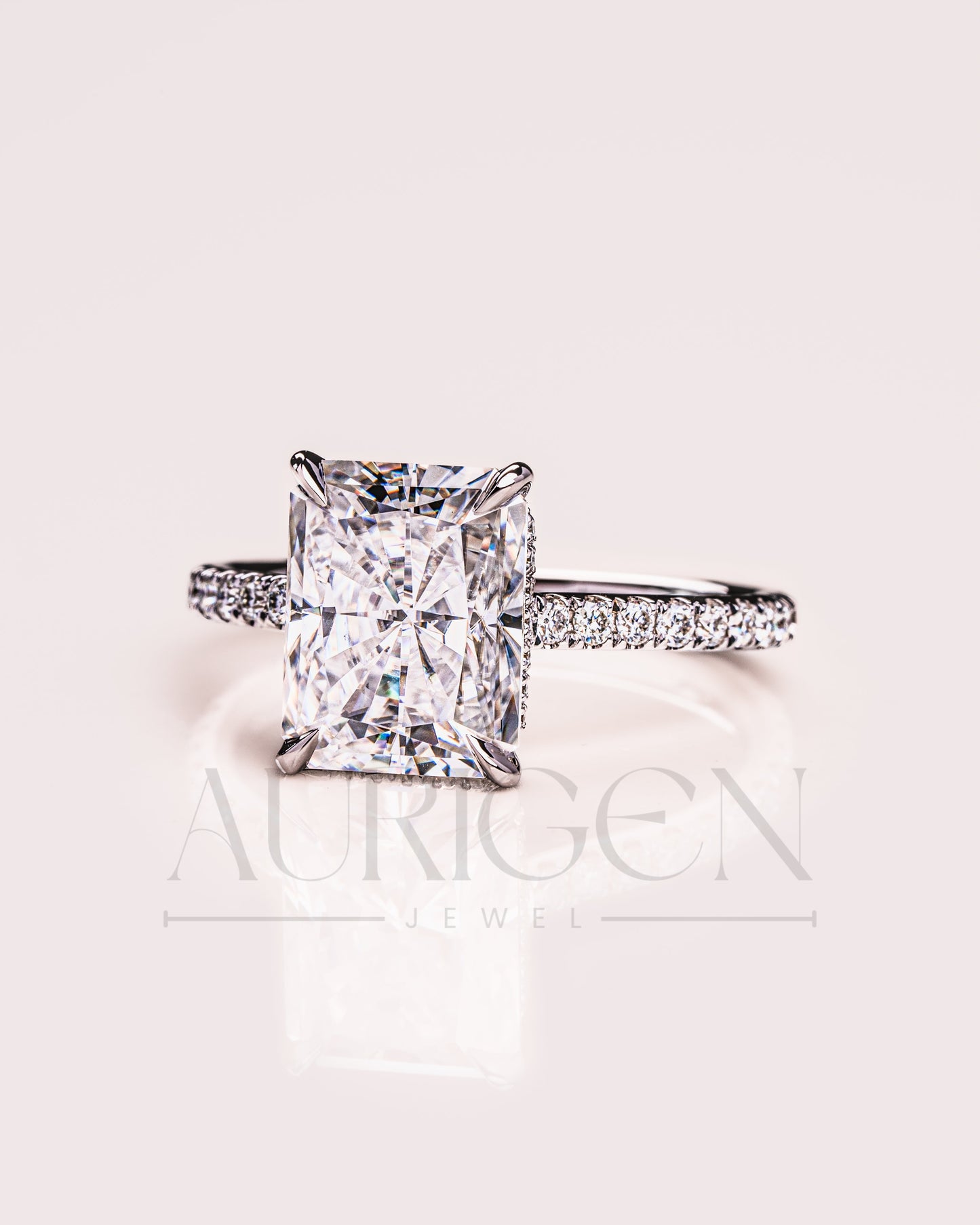 Radiant Cut Moissanite and Leb Grown Engagement Ring with Hidden Halo and Pave Setting Ring