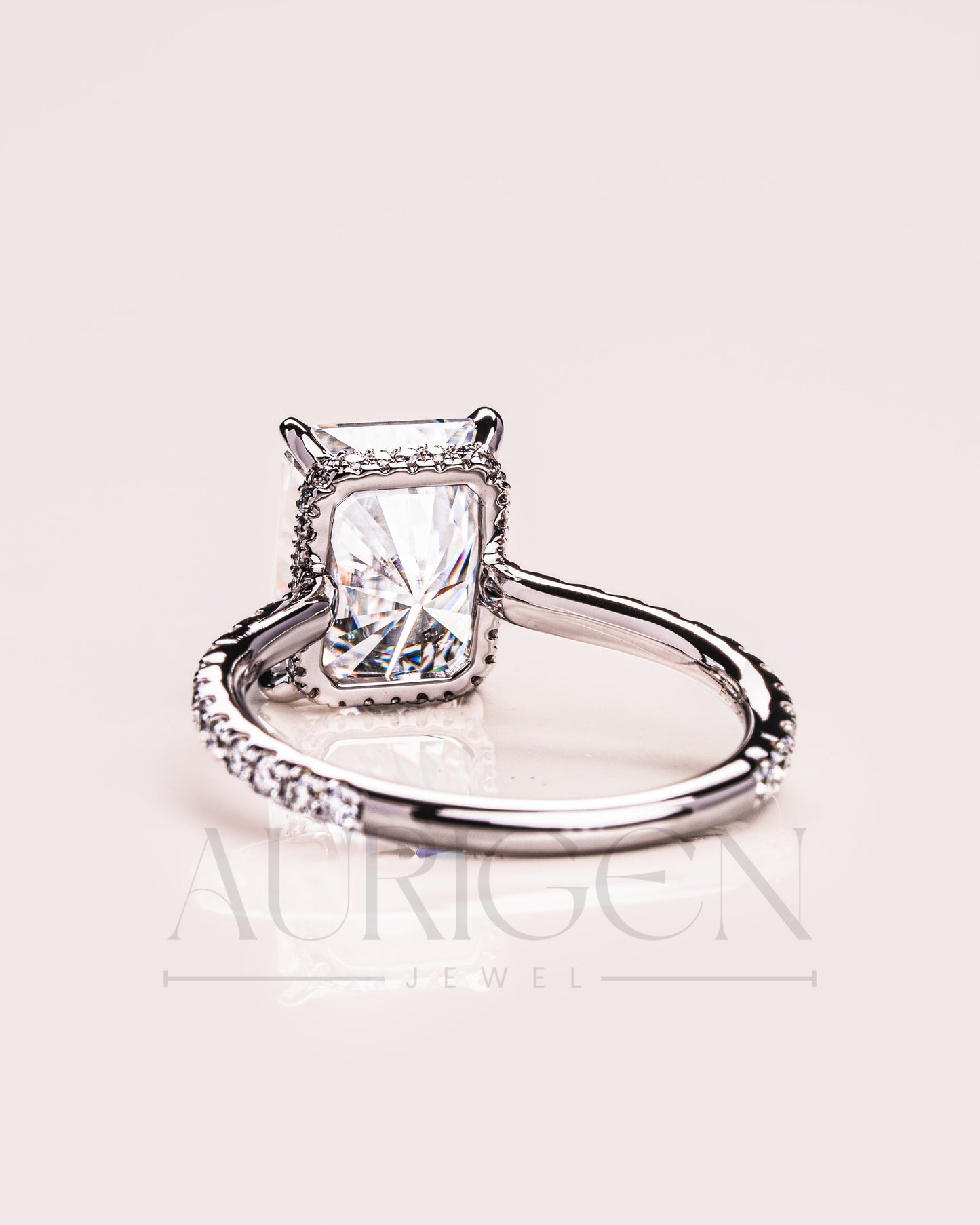 Radiant Cut Moissanite and Leb Grown Engagement Ring with Hidden Halo and Pave Setting Ring