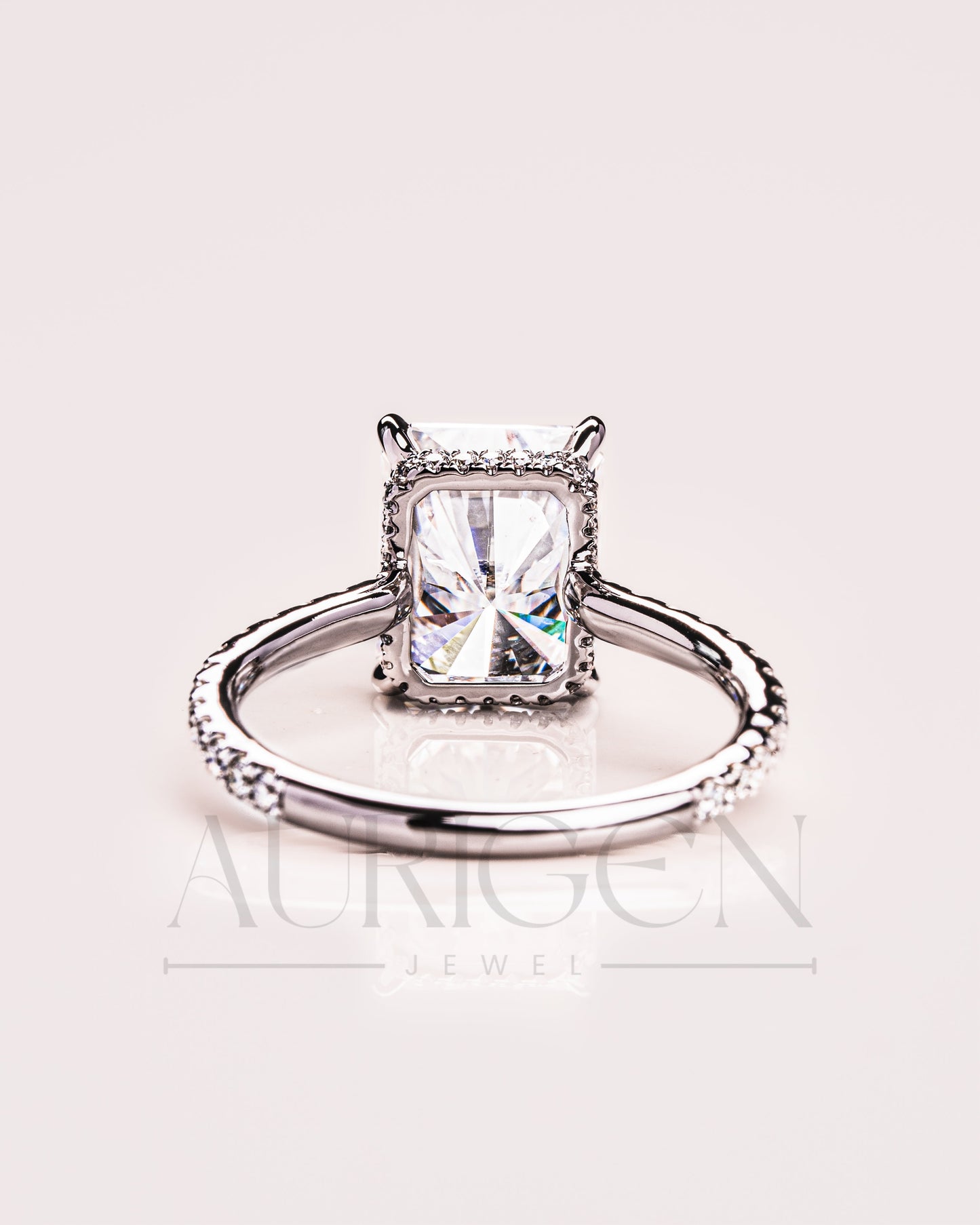 Radiant Cut Moissanite and Leb Grown Engagement Ring with Hidden Halo and Pave Setting Ring