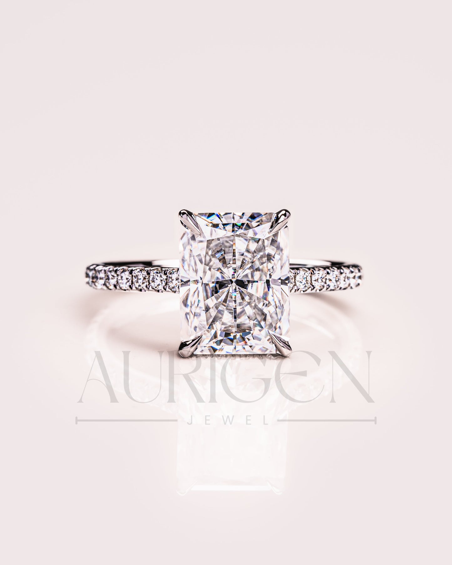 Radiant Cut Moissanite and Leb Grown Engagement Ring with Hidden Halo and Pave Setting Ring