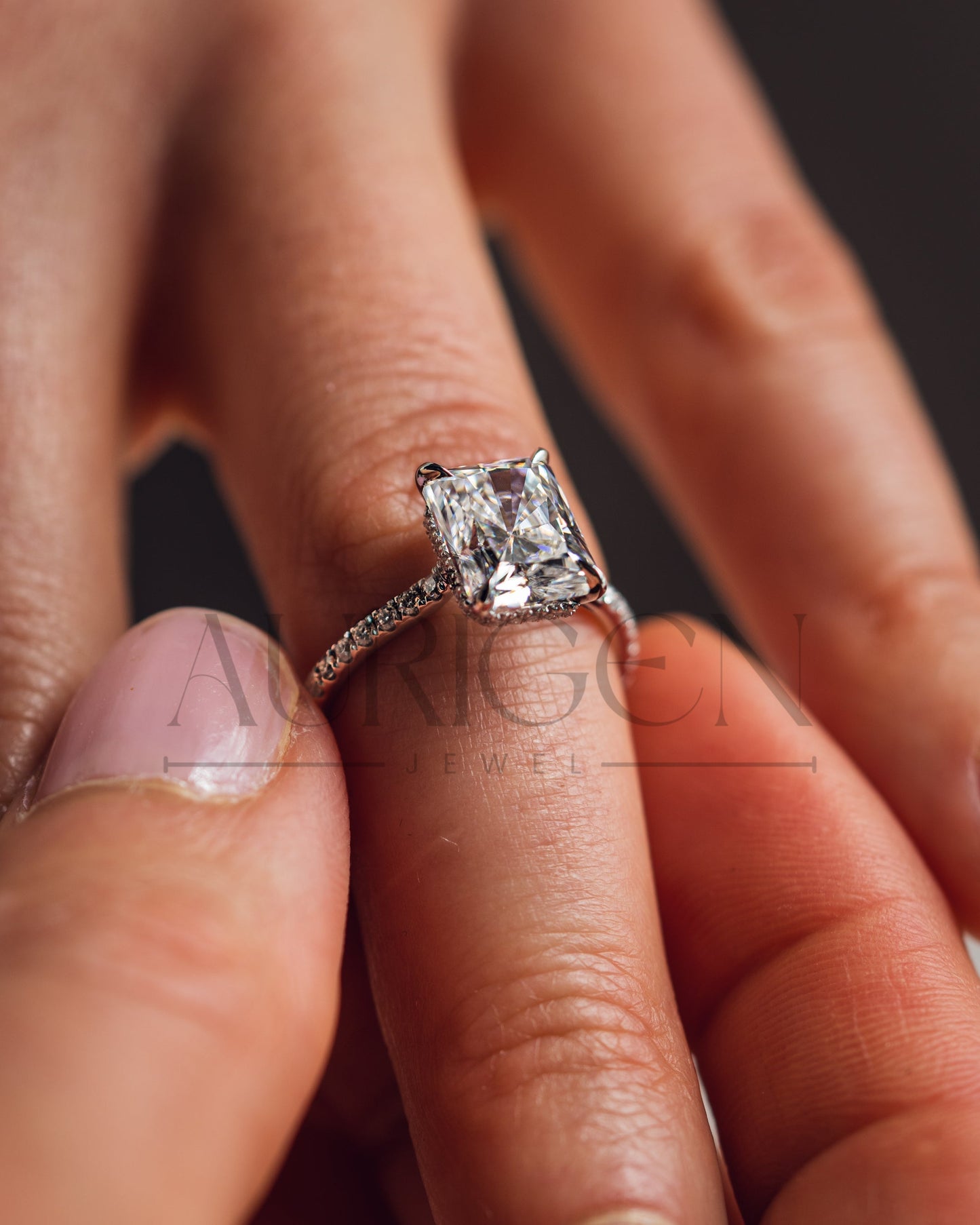 Radiant Cut Moissanite and Leb Grown Engagement Ring with Hidden Halo and Pave Setting Ring