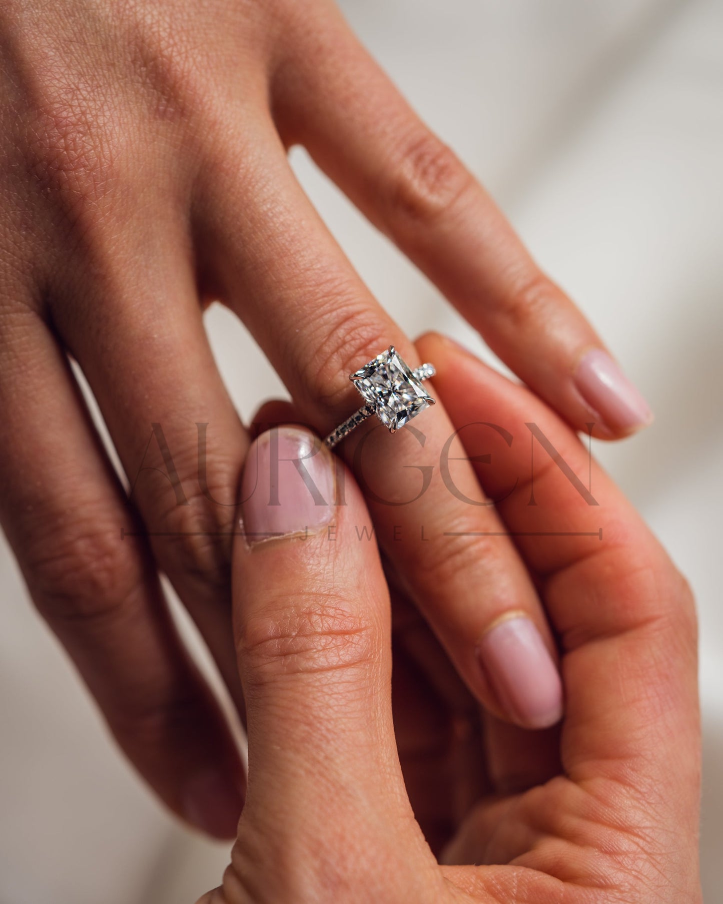 Radiant Cut Moissanite and Leb Grown Engagement Ring with Hidden Halo and Pave Setting Ring