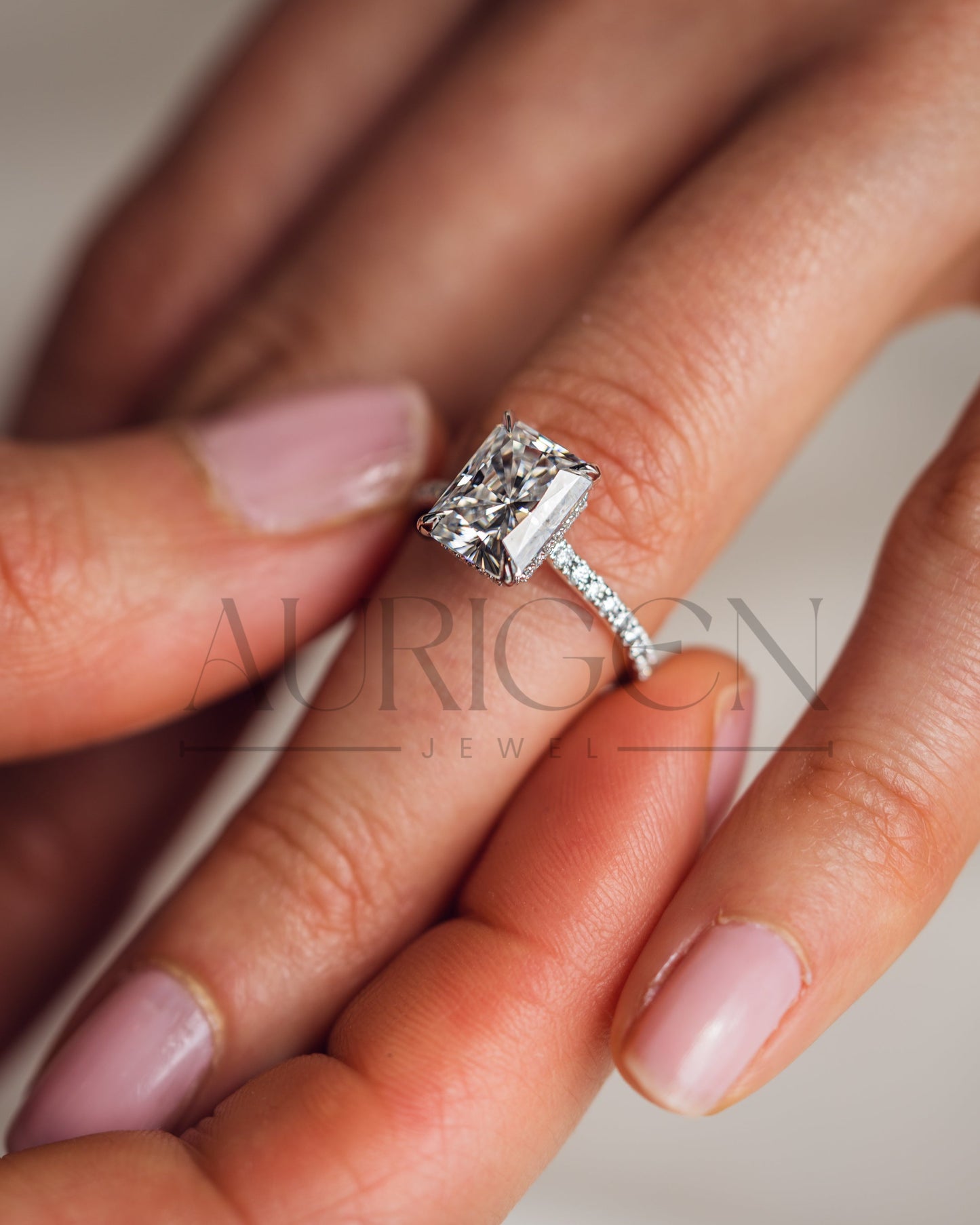 Radiant Cut Moissanite and Leb Grown Engagement Ring with Hidden Halo and Pave Setting Ring