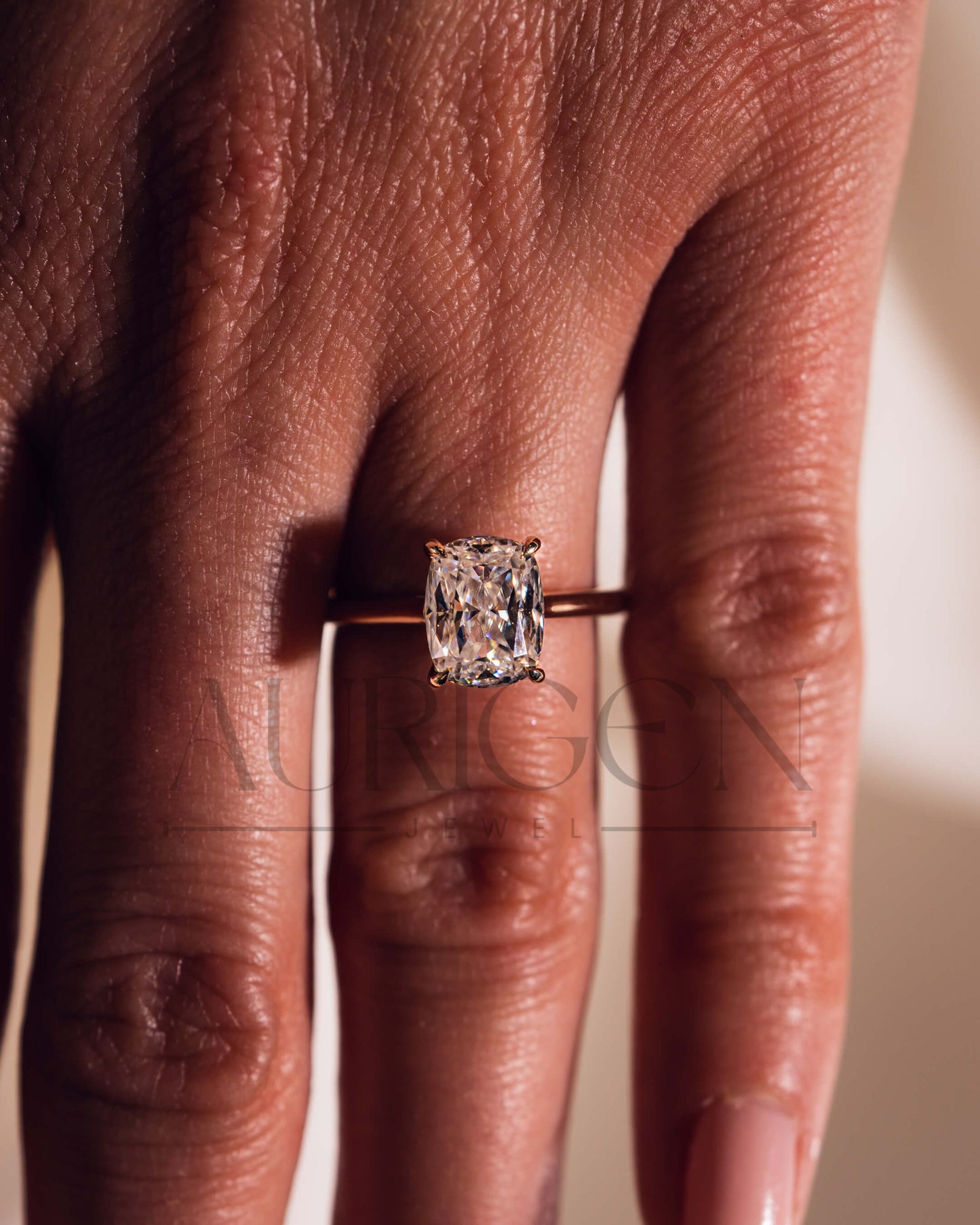 Elongated Cushion Cut Moissanite and Leb Grown Engagement Ring With Hidden Diamond