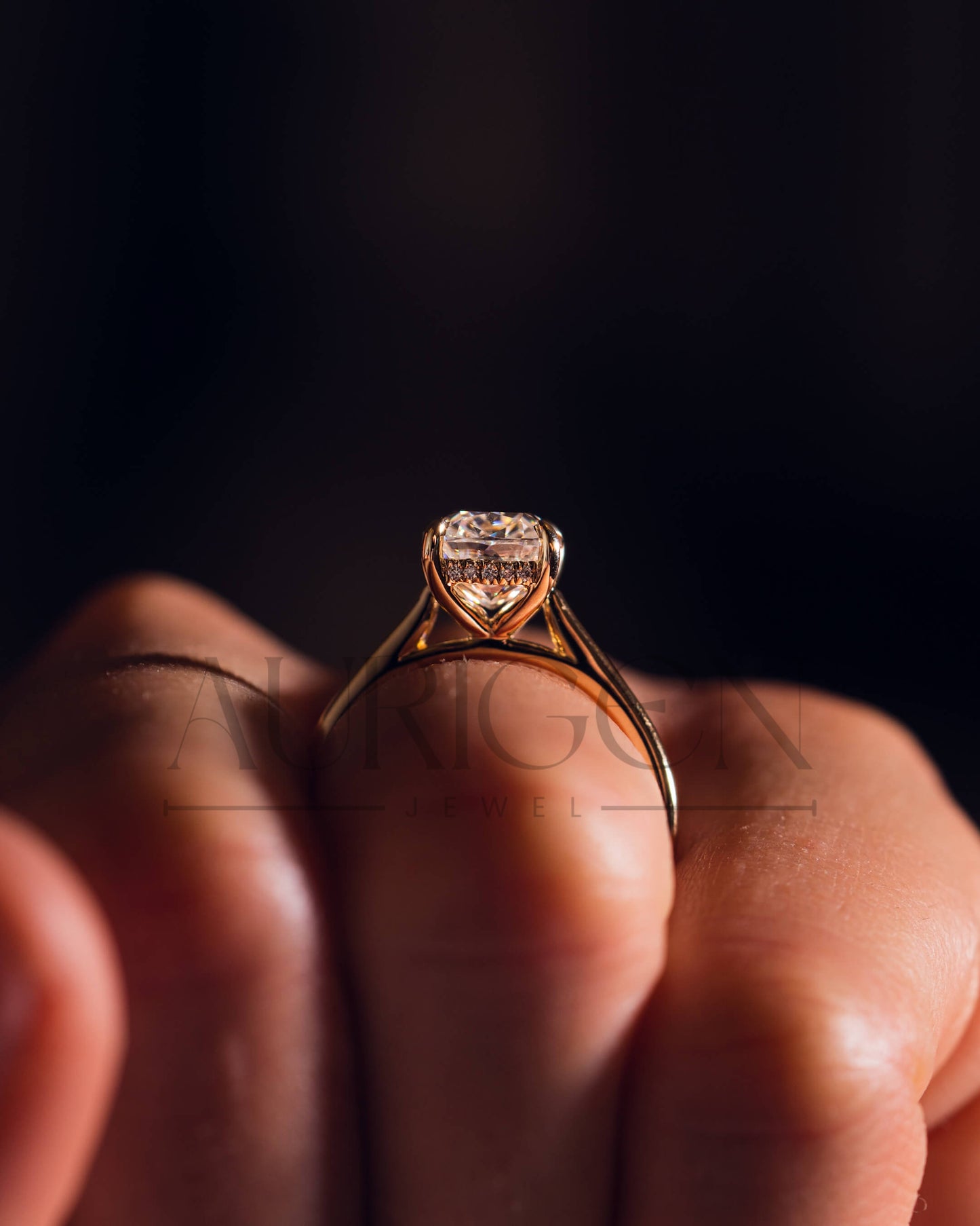 Elongated Cushion Cut Moissanite and Leb Grown Engagement Ring With Hidden Diamond