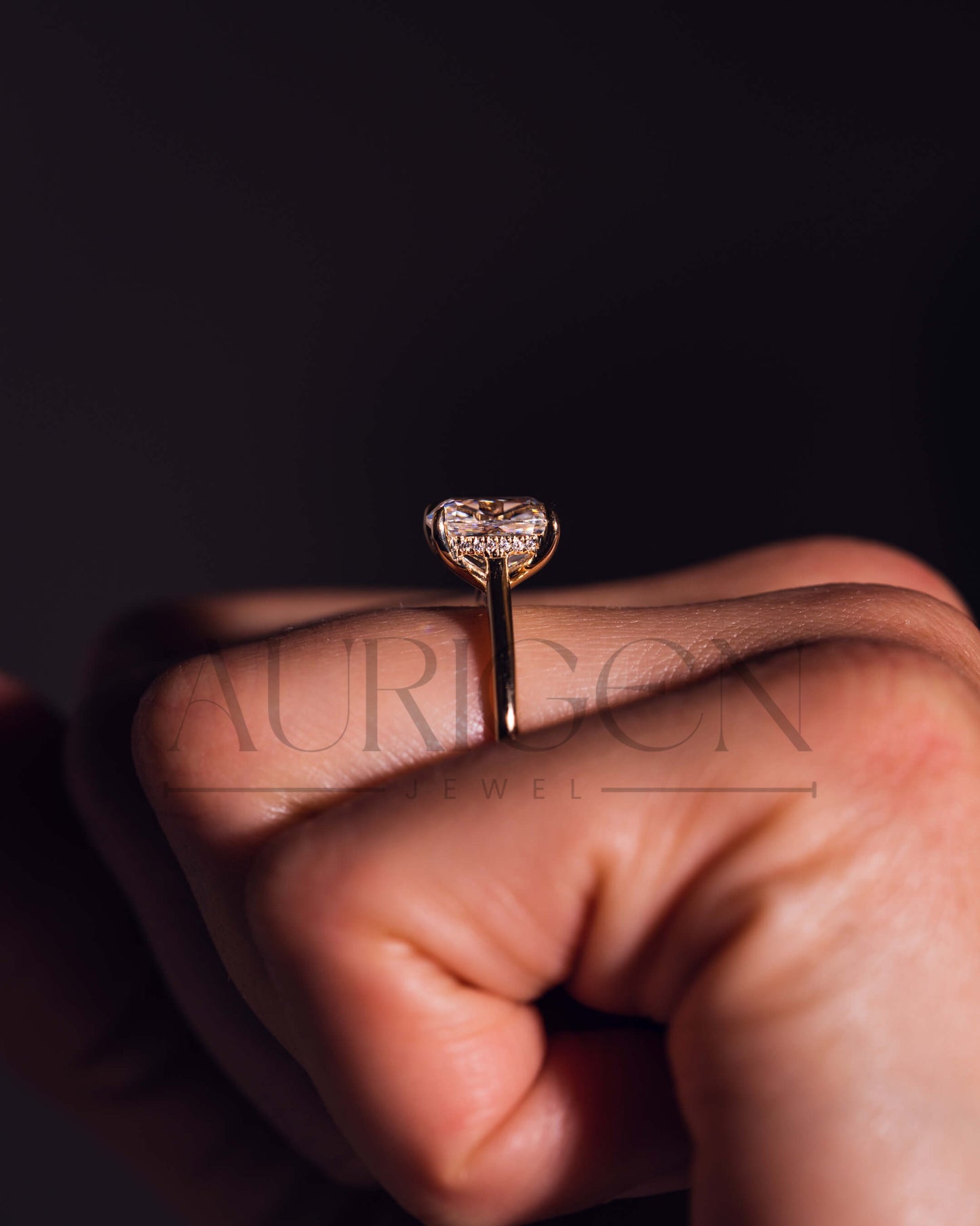 Elongated Cushion Cut Moissanite and Leb Grown Engagement Ring With Hidden Diamond