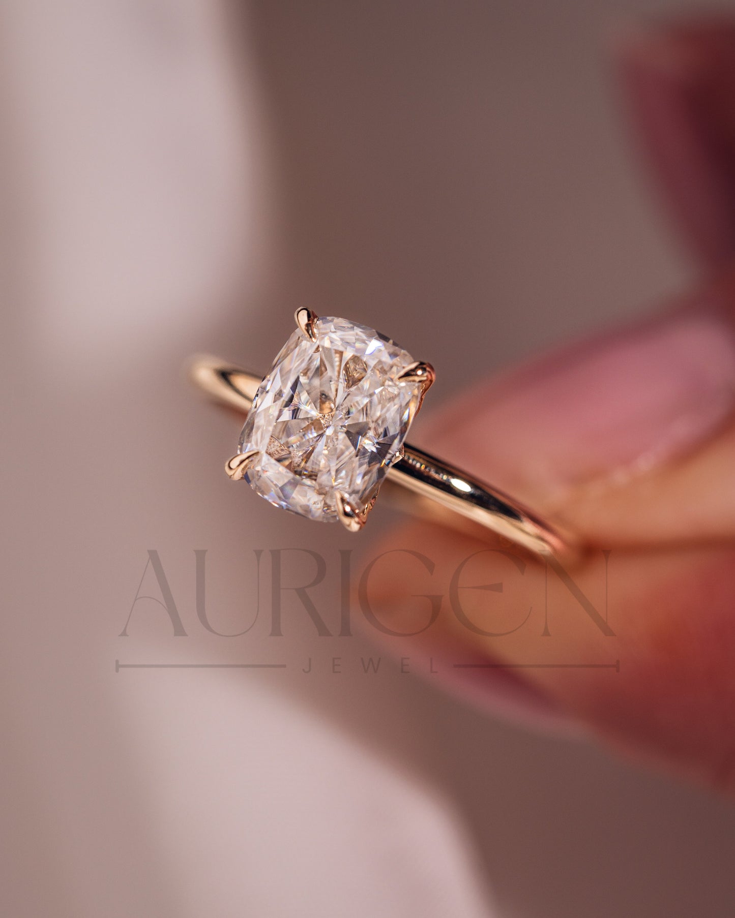 Elongated Cushion Cut Moissanite and Lab Grown Diamond Ring
