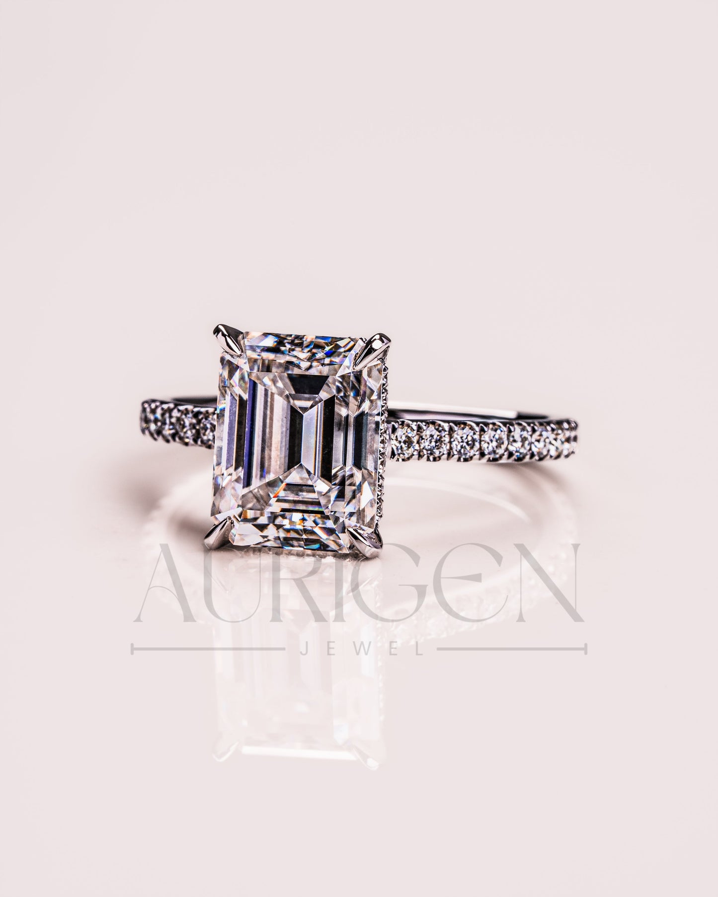 Emerald Cut Moissanite and Lab Grown Diamond Ring with Pave in 14K Solid Gold