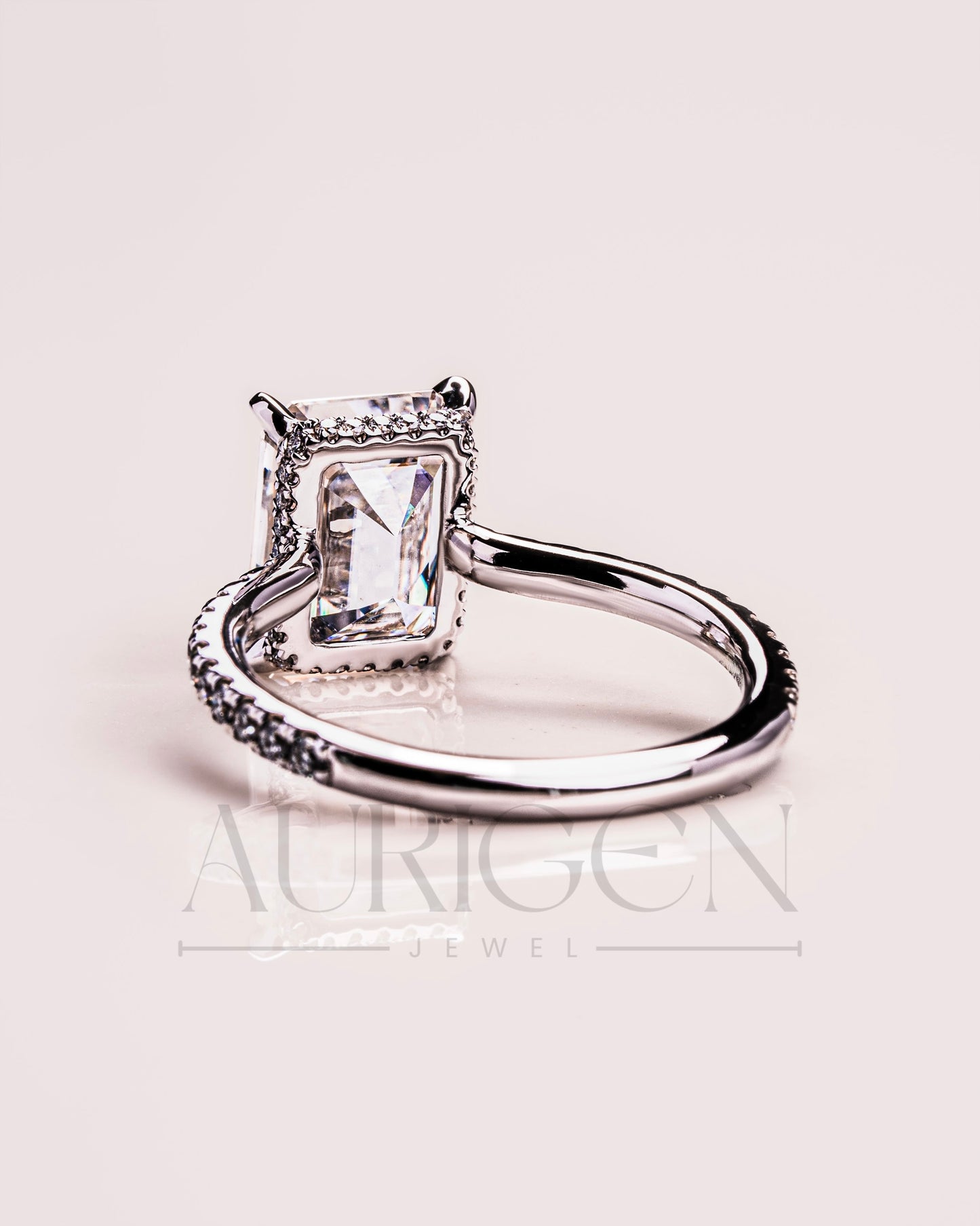 Emerald Cut Moissanite and Lab Grown Diamond Ring with Pave in 14K Solid Gold
