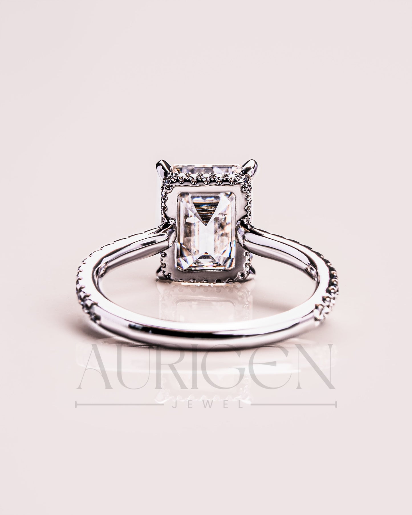 Emerald Cut Moissanite and Lab Grown Diamond Ring with Pave in 14K Solid Gold