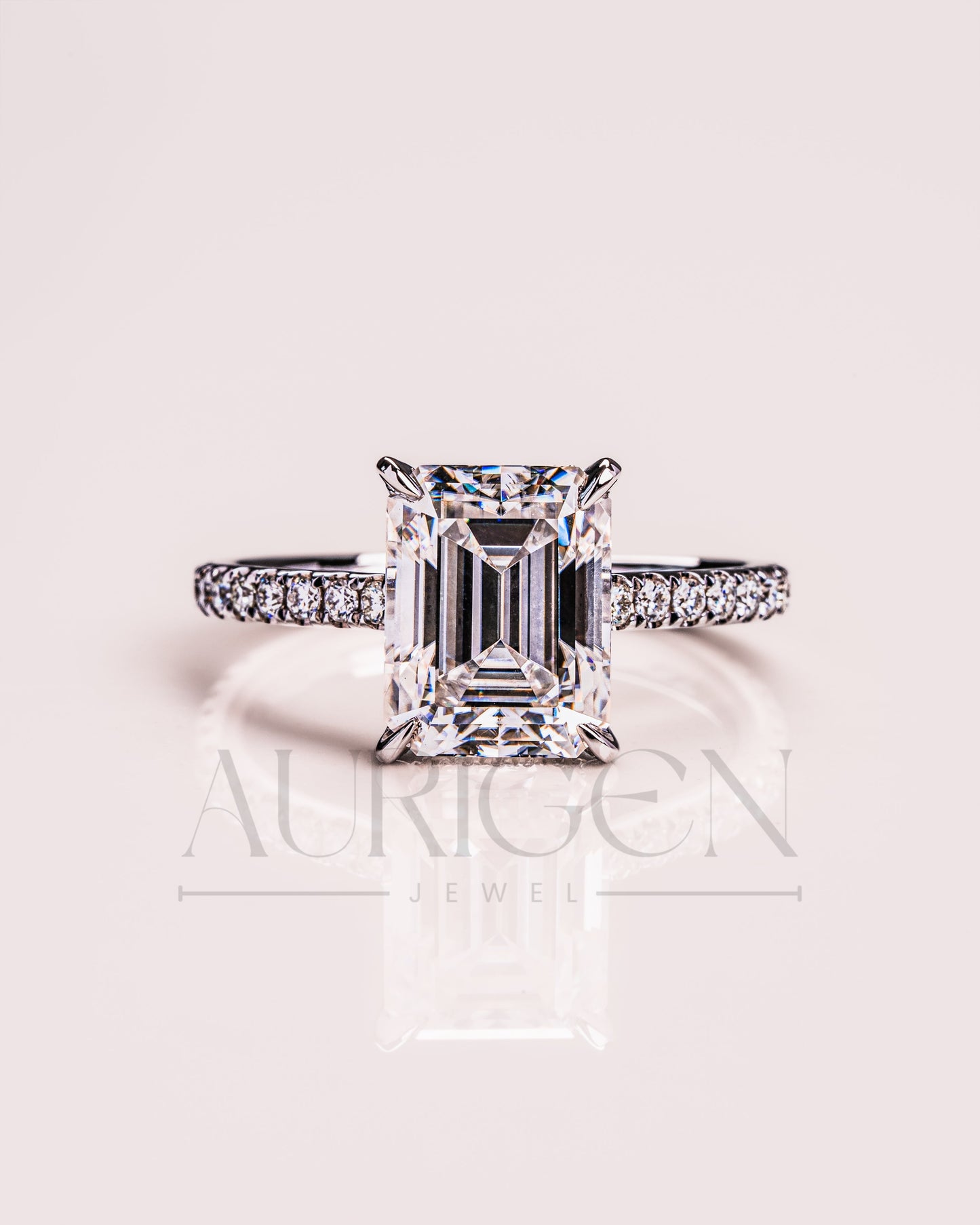 Emerald Cut Moissanite and Lab Grown Diamond Ring with Pave in 14K Solid Gold