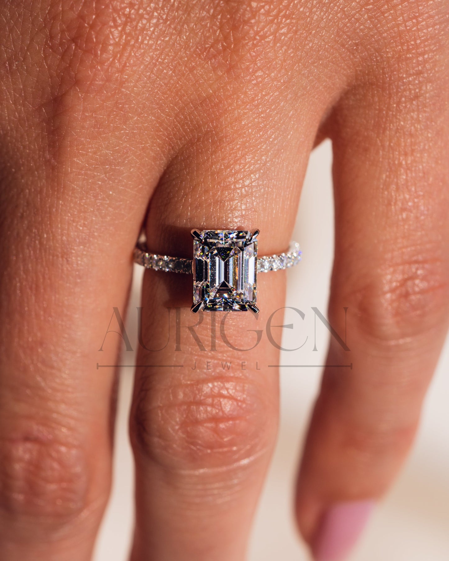 Emerald Cut Moissanite and Lab Grown Diamond Ring with Pave in 14K Solid Gold