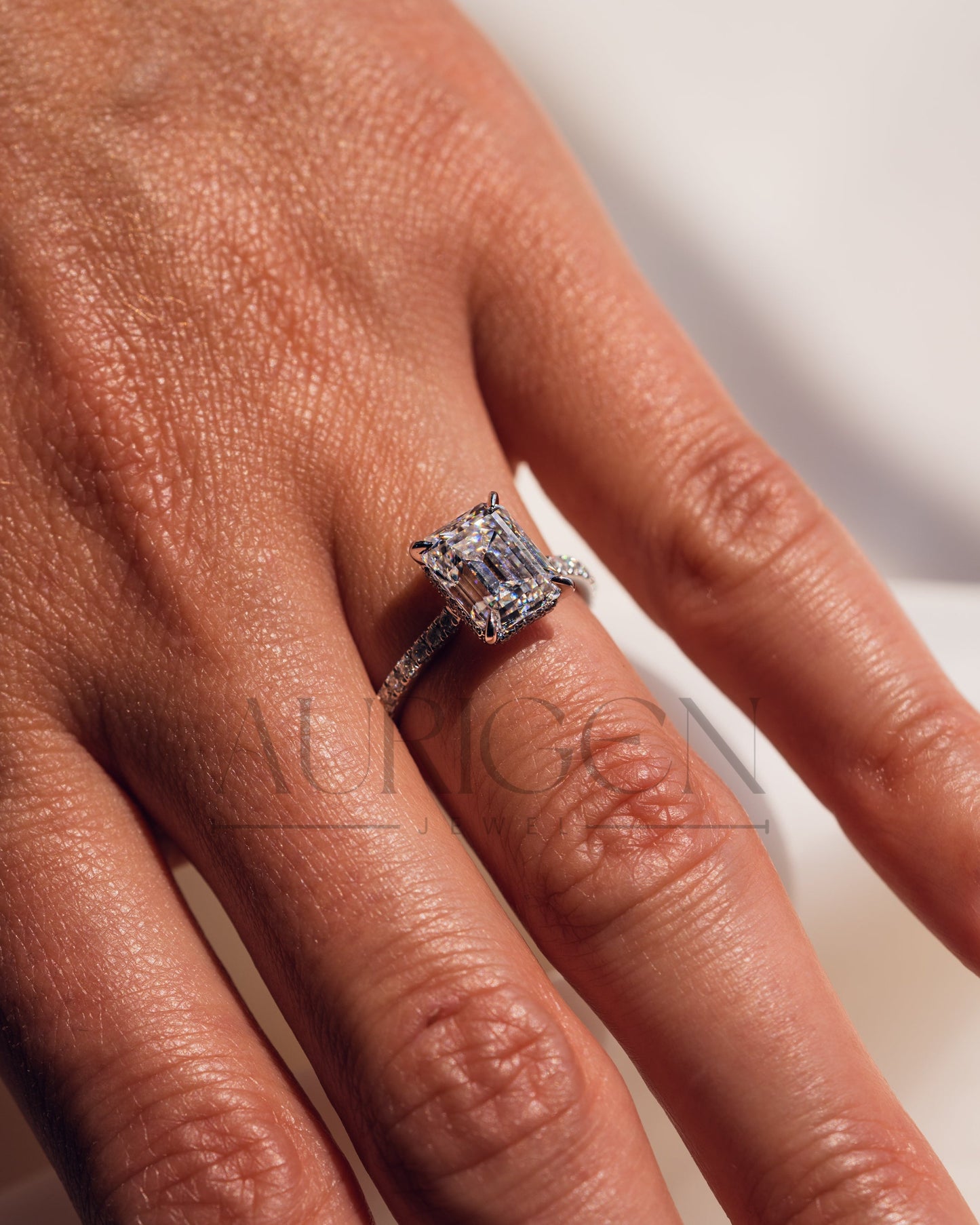 Emerald Cut Moissanite and Lab Grown Diamond Ring with Pave in 14K Solid Gold