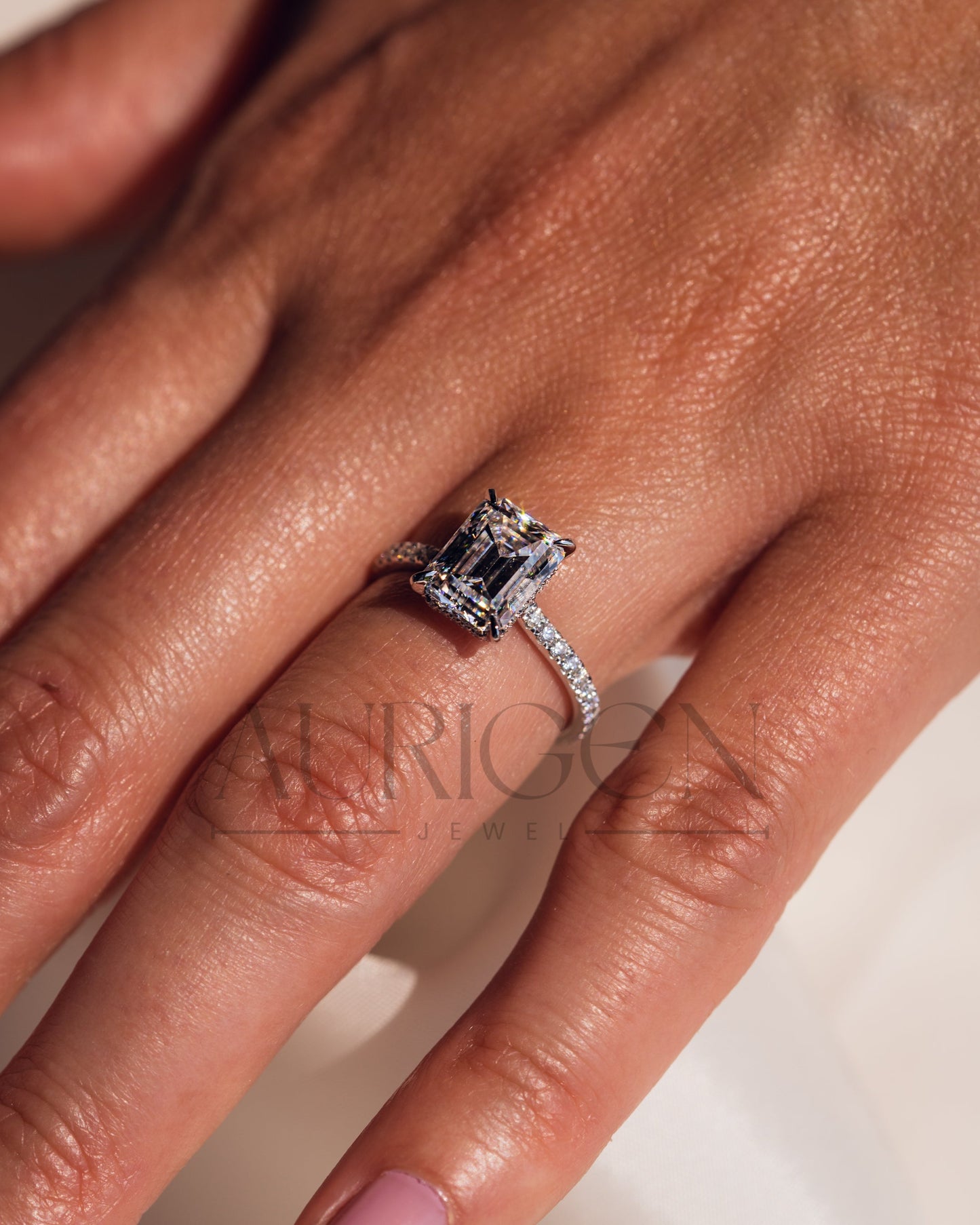 Emerald Cut Moissanite and Lab Grown Diamond Ring with Pave in 14K Solid Gold