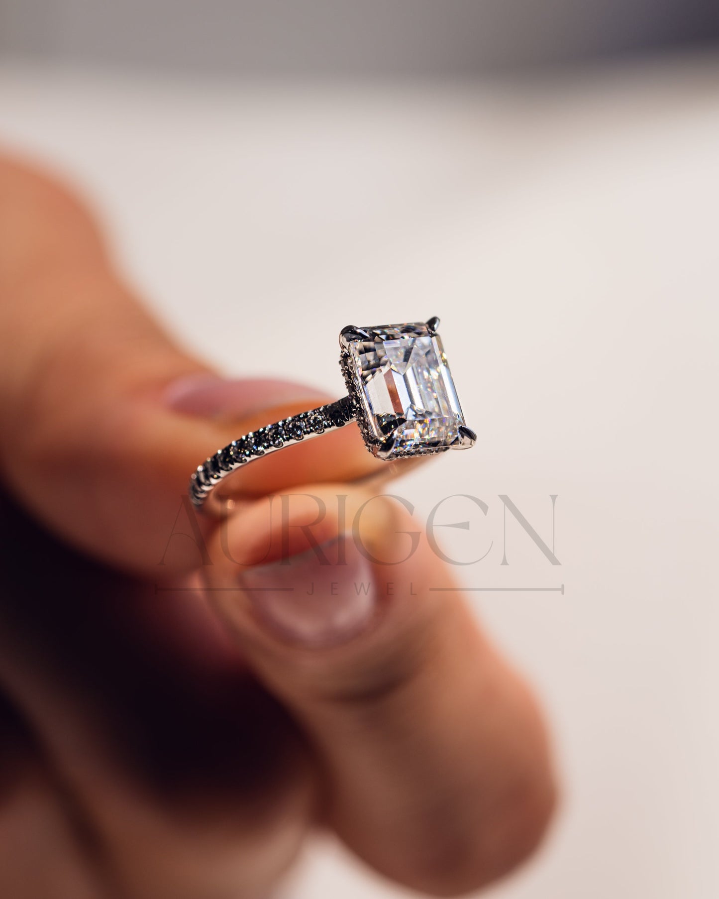 Emerald Cut Moissanite and Lab Grown Diamond Ring with Pave in 14K Solid Gold