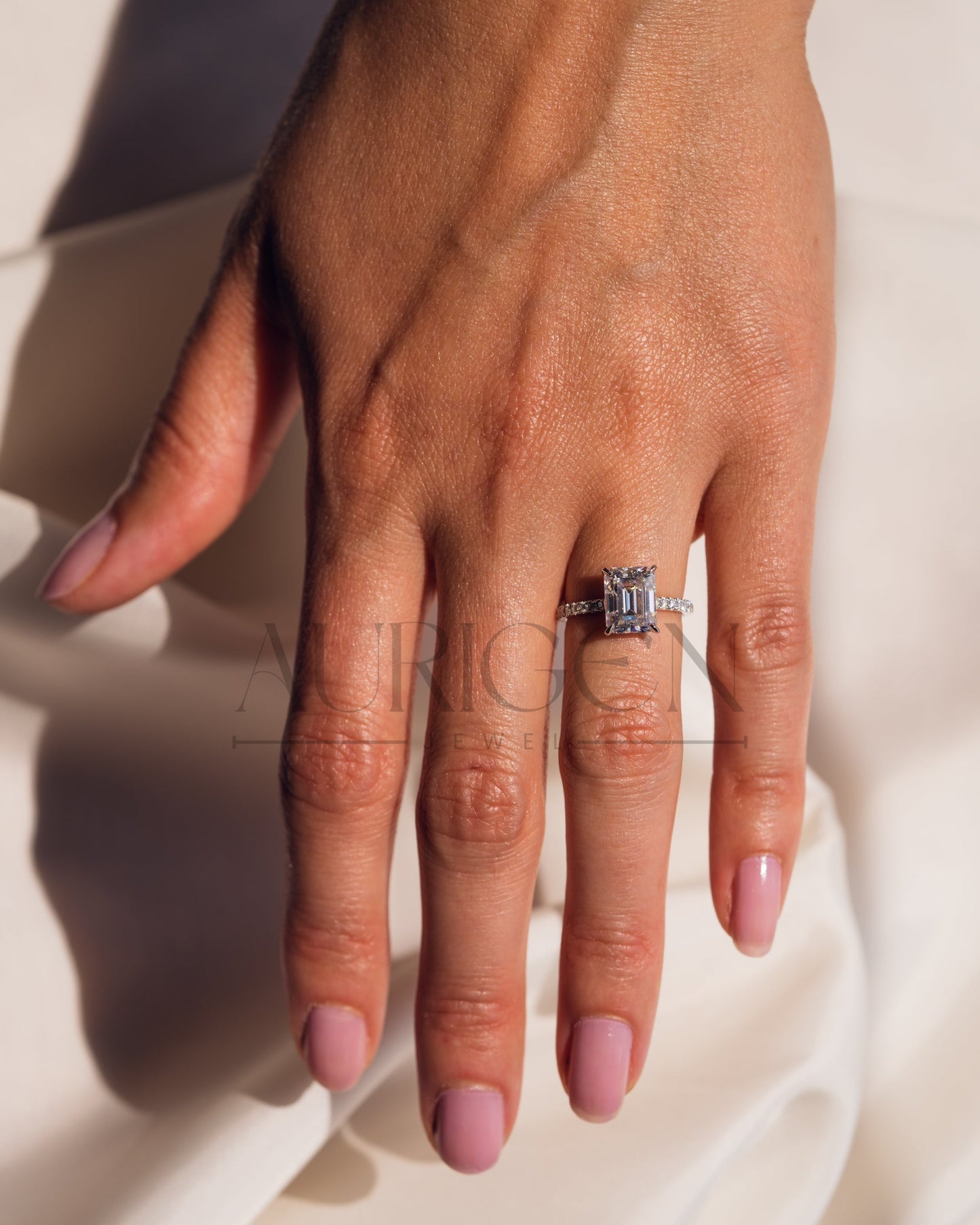 Emerald Cut Moissanite and Lab Grown Diamond Ring with Pave in 14K Solid Gold