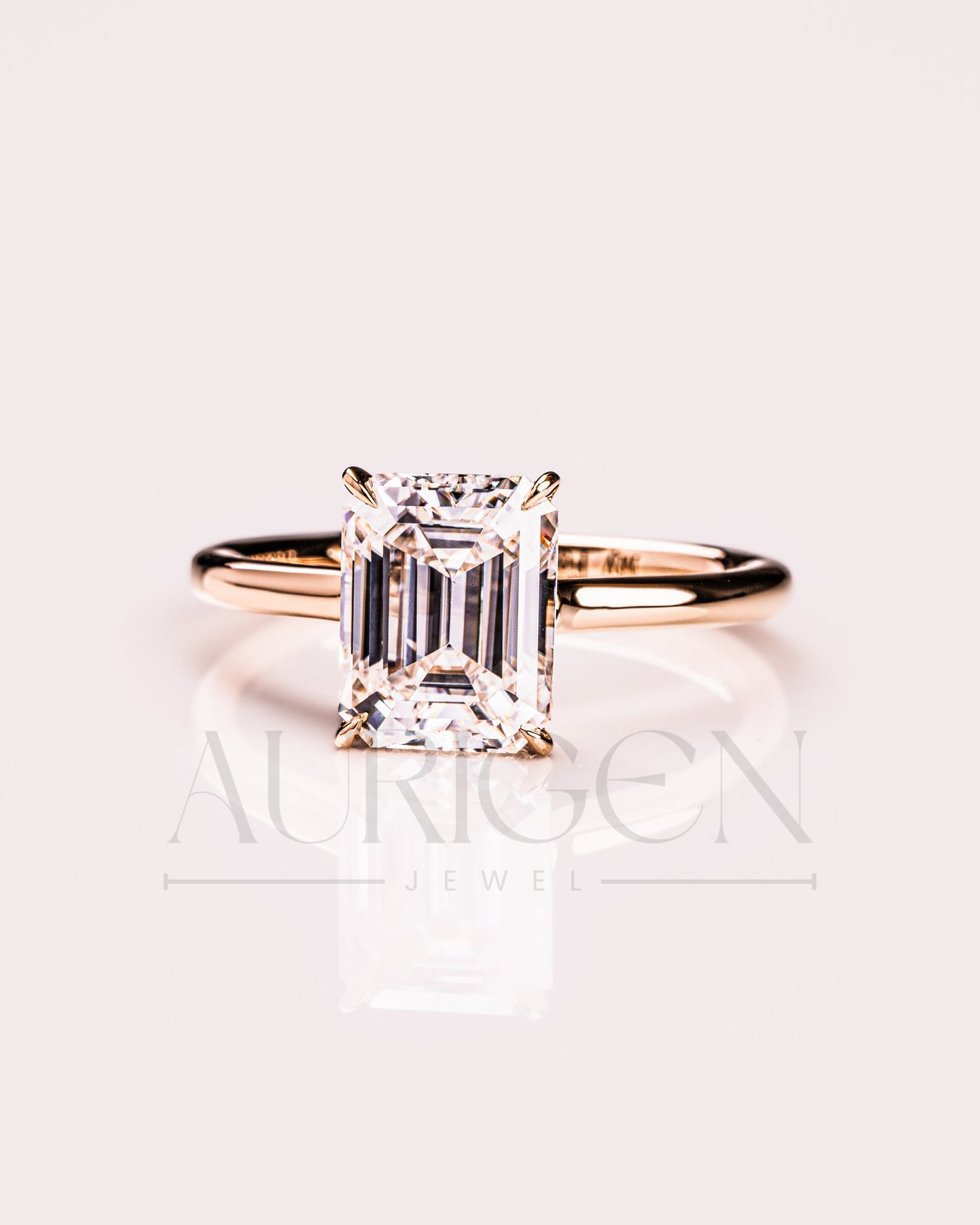 Emerald Cut Solitaire Engagement Ring Halo Moissanite and Leb Diamond 14K White Gold