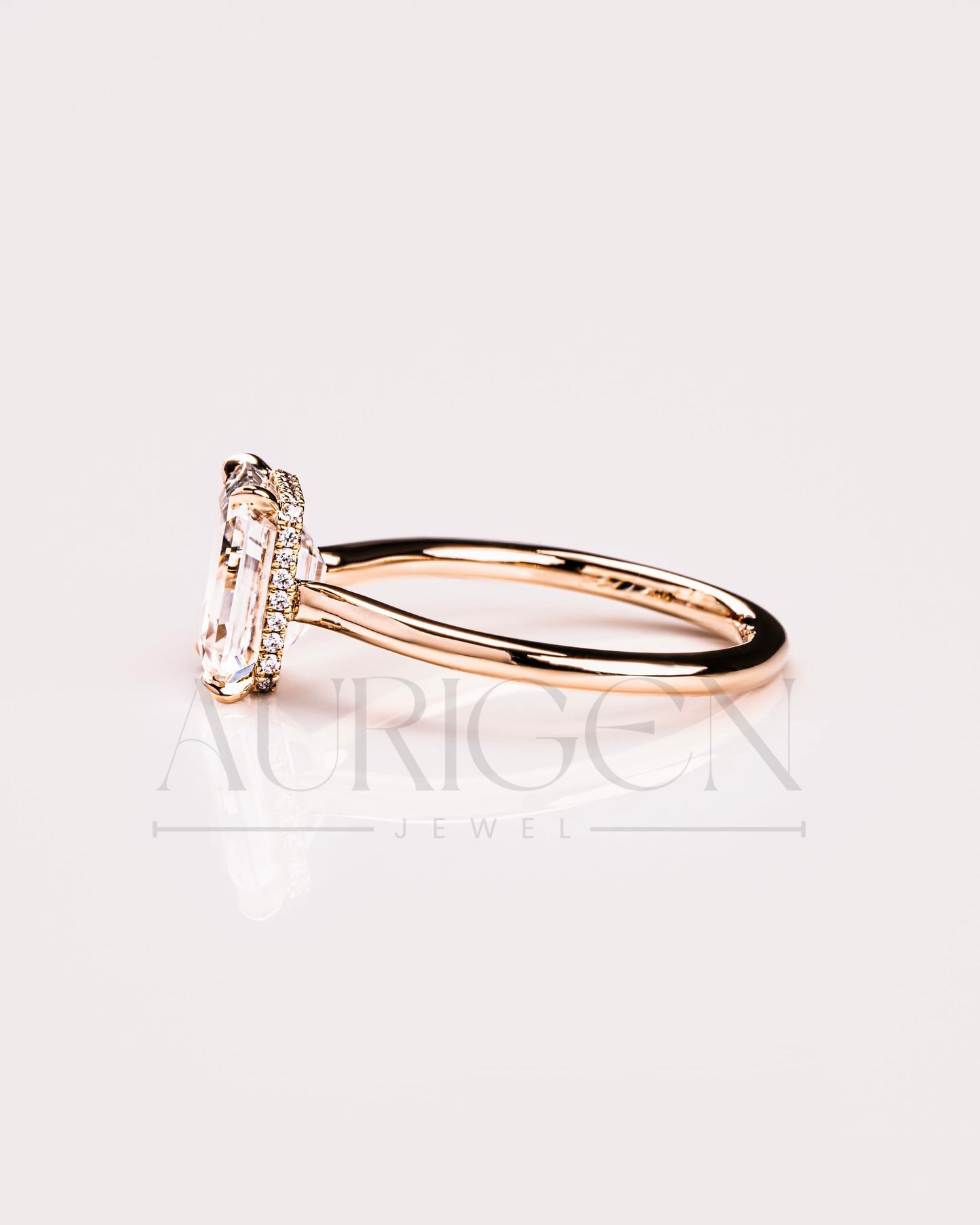 Emerald Cut Solitaire Engagement Ring Halo Moissanite and Leb Diamond 14K White Gold
