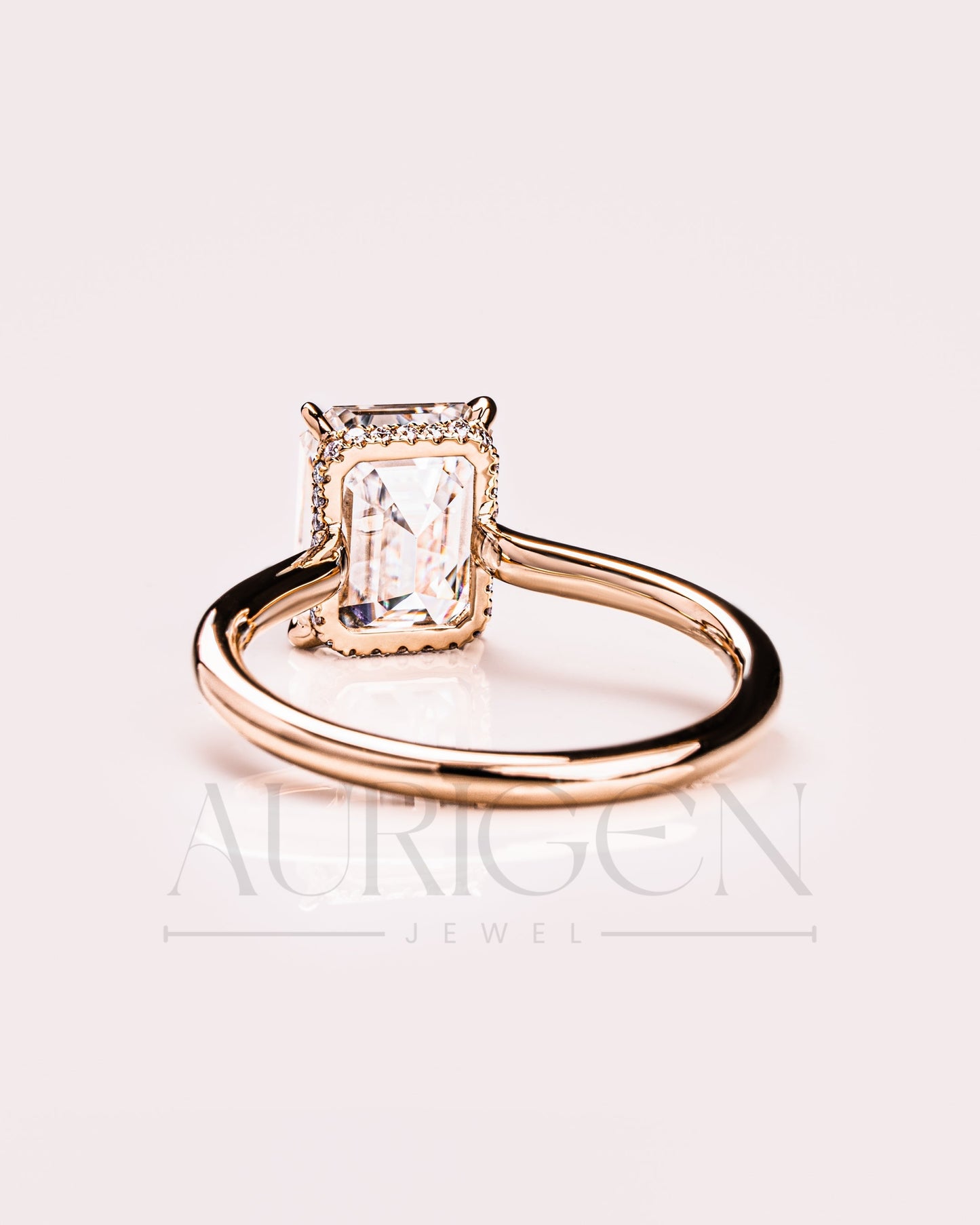 Emerald Cut Solitaire Engagement Ring Halo Moissanite and Leb Diamond 14K White Gold